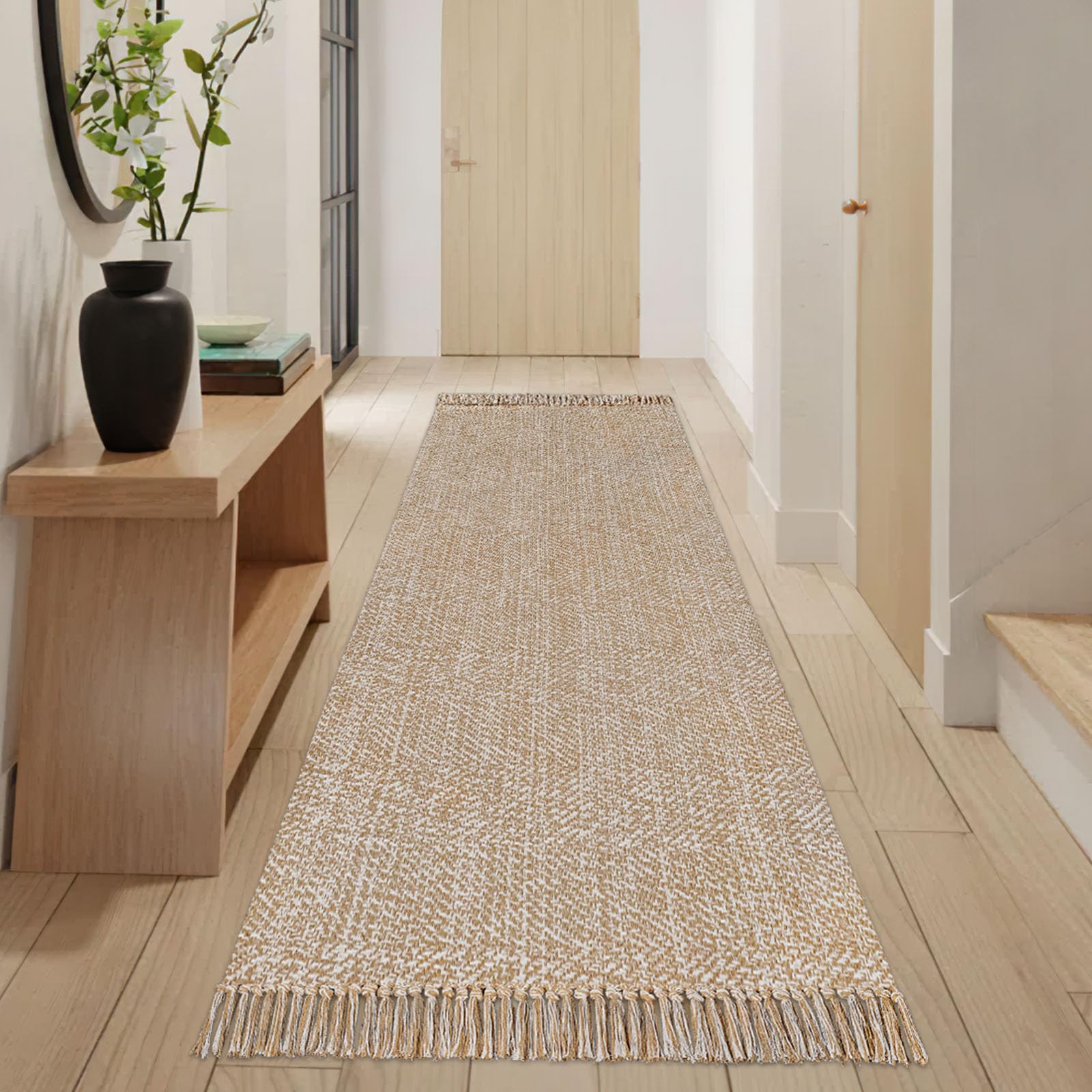 Tapis de couloir en coton tissé à la main de style bohème lavable à la main pour chambre à coucher, salon, salle de bain, évier, foyer, 7,8 x 2,44 m, kaki