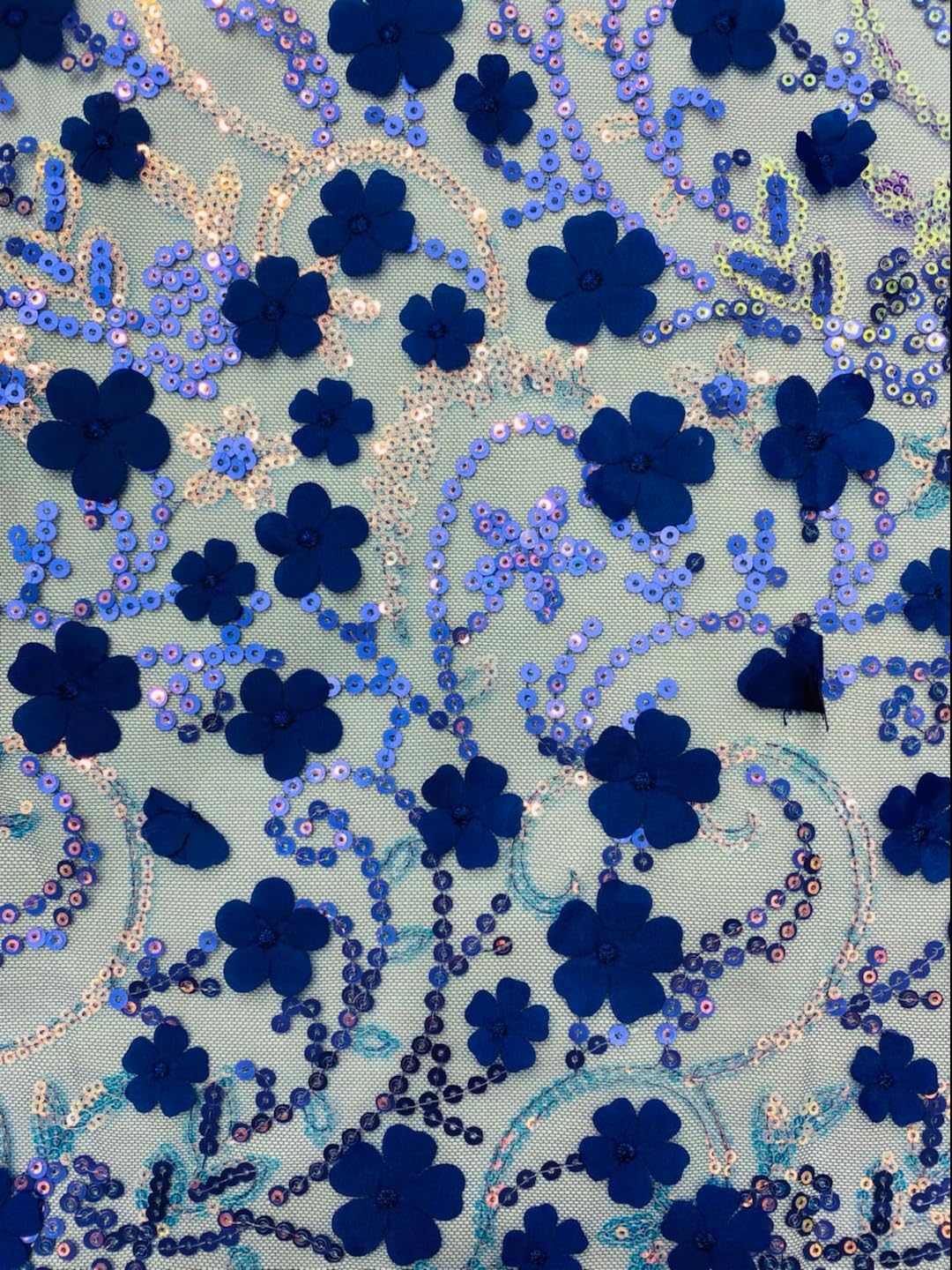 Floral Sequin Embroidered Mesh Lace Fabric with Sheer Base, Delicate Flower Pattern (宝蓝)