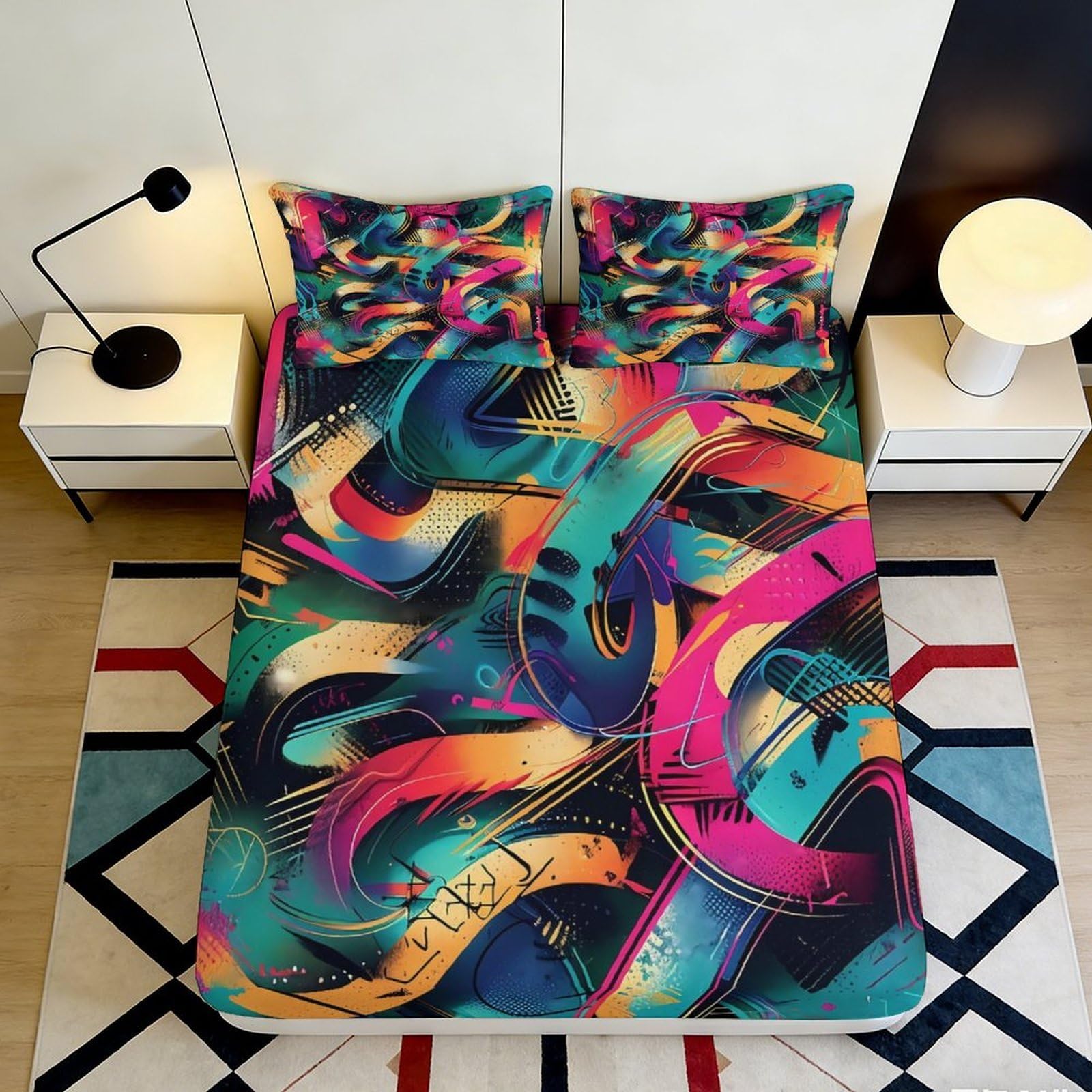 3D Printed Abstract Graffiti Fitted Sheet Microfiber Breathable Multicolor Street Art Mattress Cover for Bedroom Dormitory Guest Room Protection Decoration 140x200x25cm