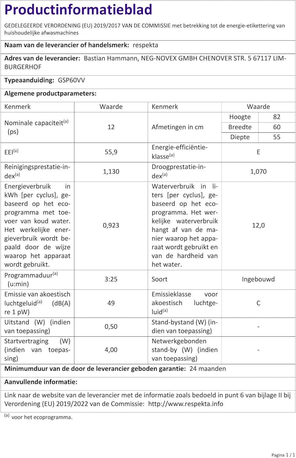 Respekta Lavastoviglie [Classe di efficienza energetica E]