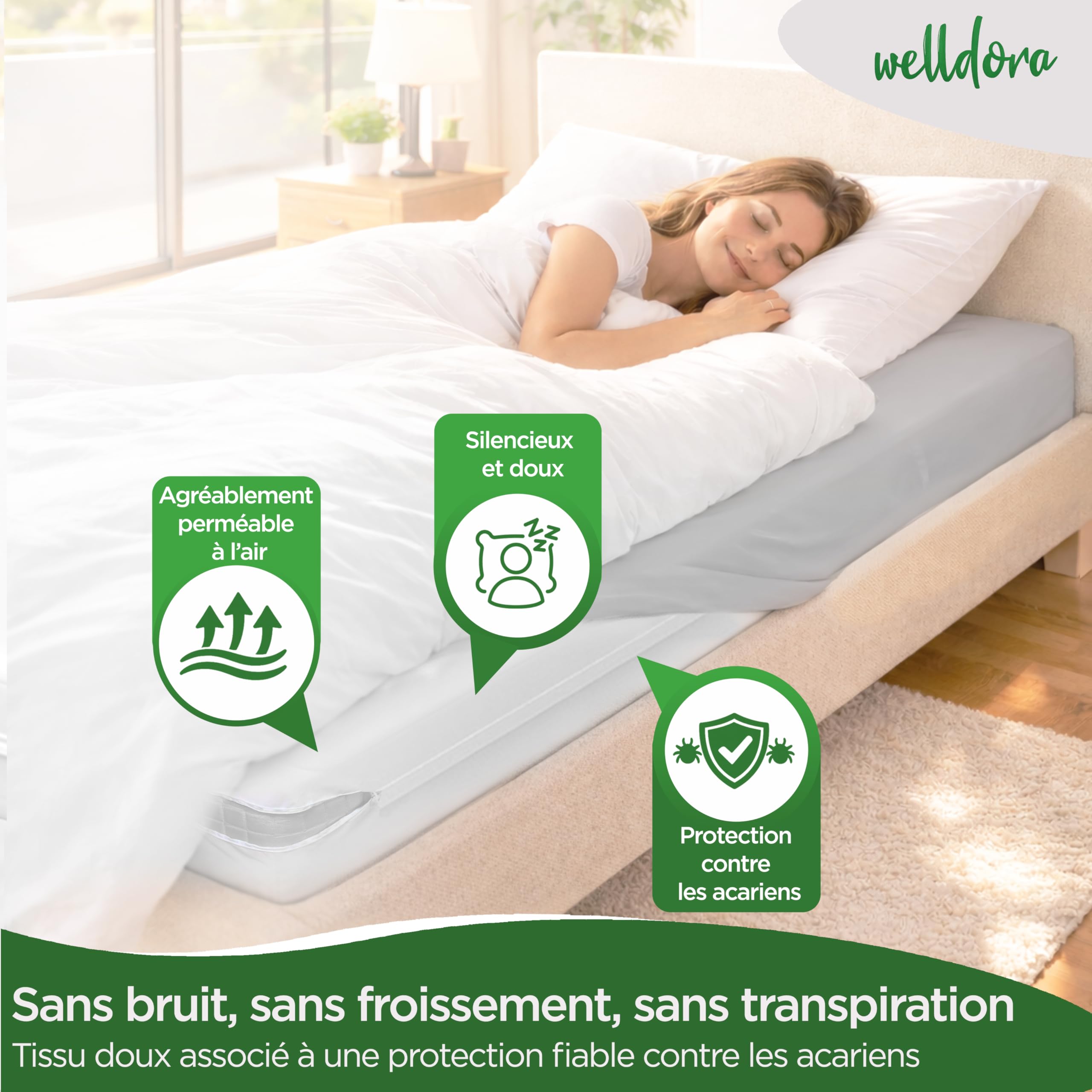 Welldora | Housse de Matelas Anti Acarien de Première Qualité 80 x 200 x 20 | Protège Matelas Anti Allergies Testé| Housse avec Fermeture Éclair | Linge de Lit pour Personnes Allergiques