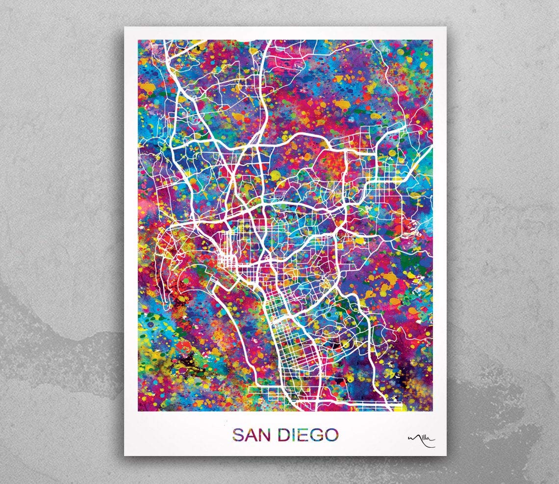 COCOMILLA San Diego Map Art Watercolor Print Wall Art California City Wanderlust Decor USA Wall Hanging Map of San Diego Poster Gift Travel Gift-1738