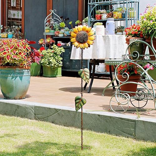 Miniatura 4 de Y&K Decor - Estaca de metal con diseño de girasol para jardín, estacas decorativas para jardín, decoración artística de girasol para exteriores