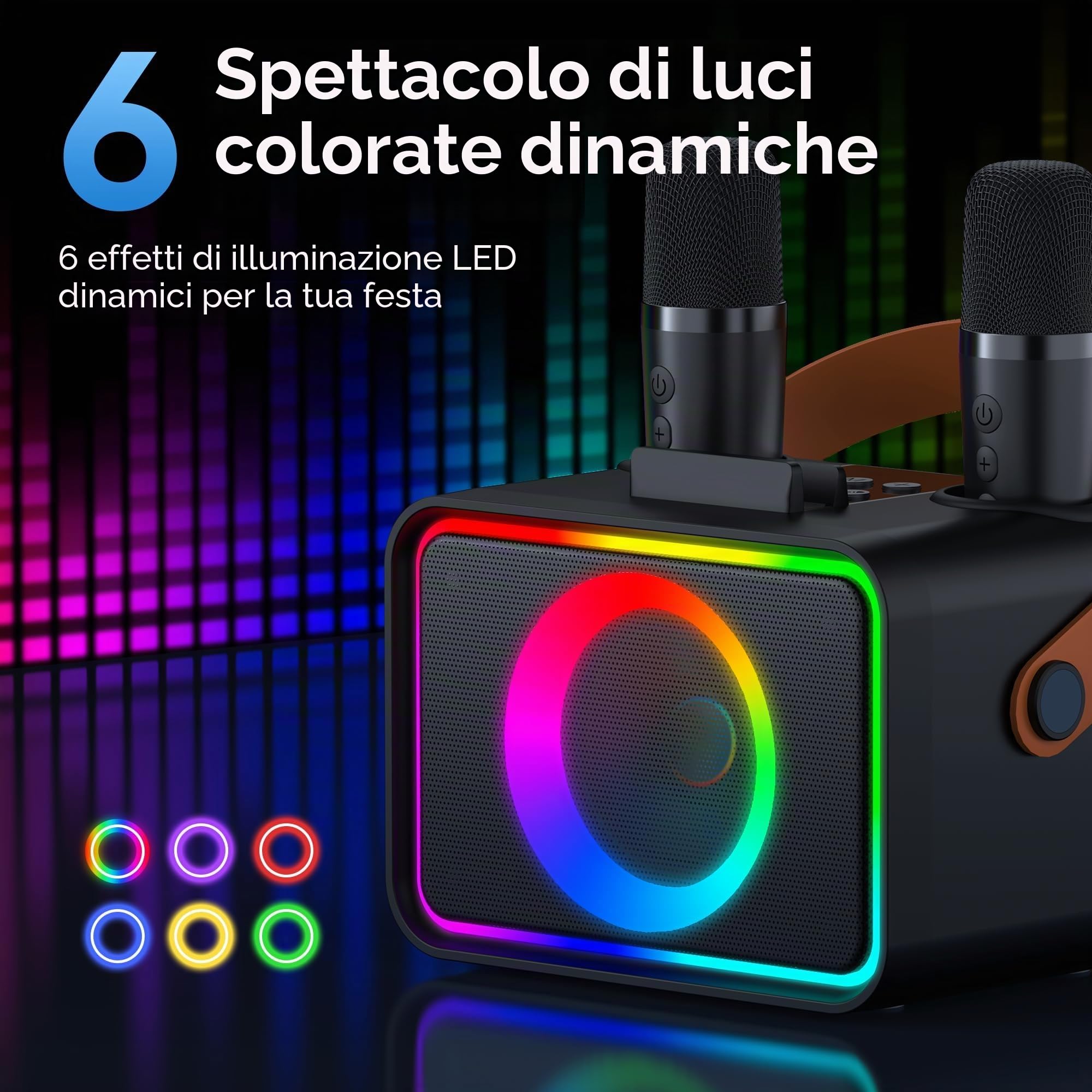 Altoparlante Bluetooth portatile karaoke con 2 microfoni wireless e luci LED, viola
