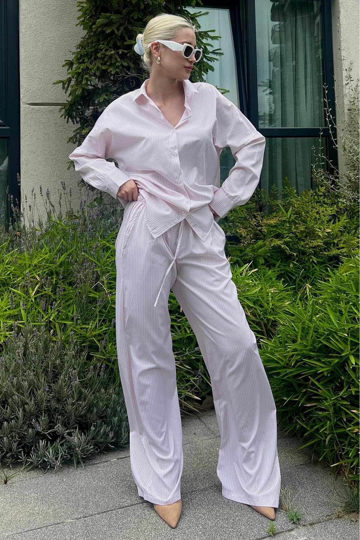 Madmext Pembe Uzun Kollu Çizgili Gömlek Pantolon İkili Takım Mg2124