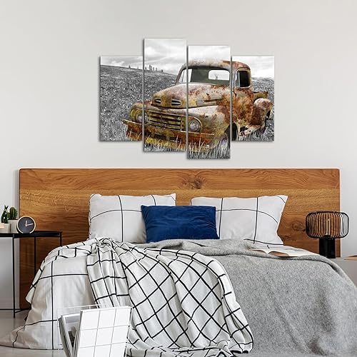 Miniatura 3 de Zlove Lienzo rústico de 4 paneles para pared, diseño vintage de camión viejo, cuadro de paisaje para casa de campo