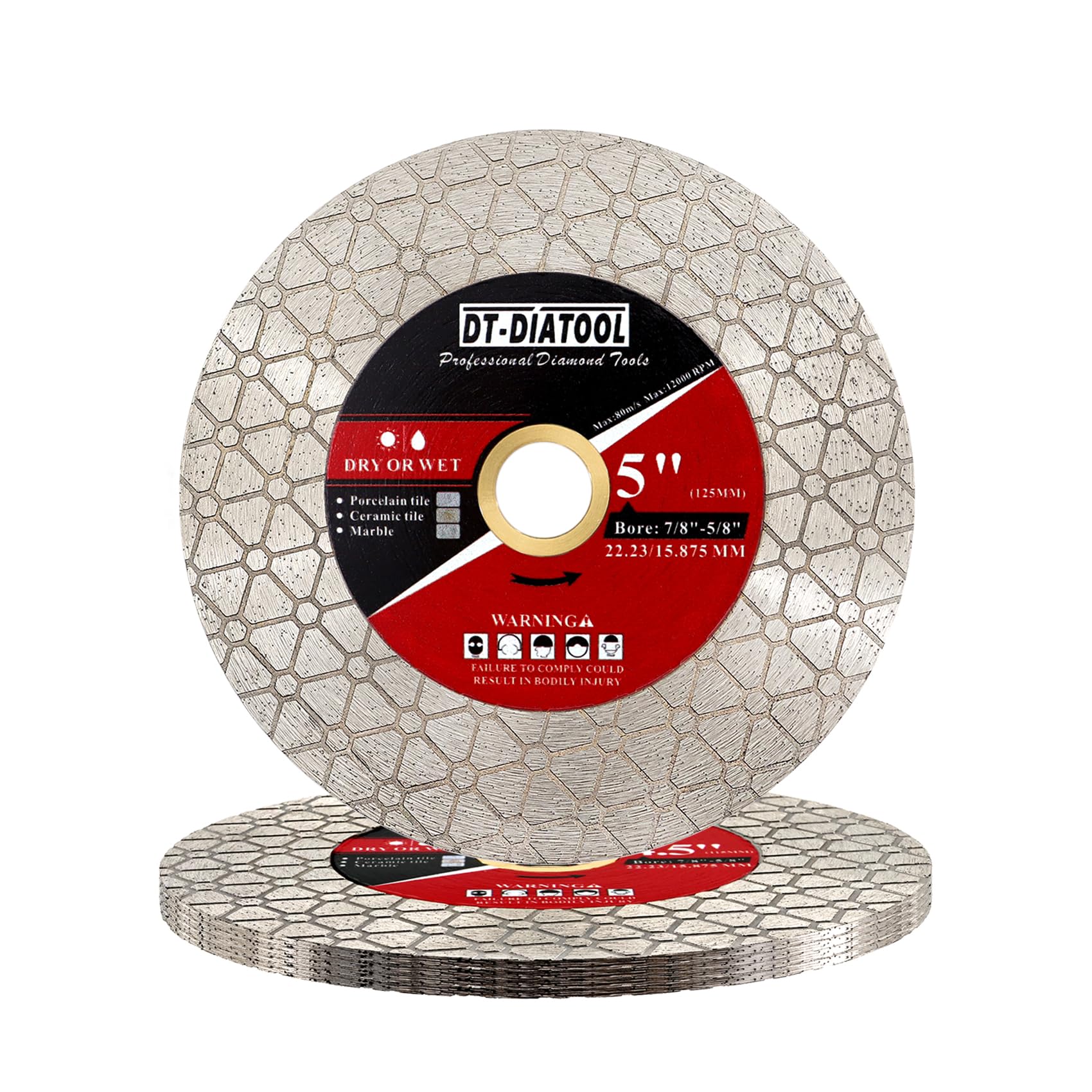 DT-DIATOOL Hoja de sierra de diamante de 125 mm para cortar azulejos de porcelana, cerámica, mármol, gres artificial, molienda, paquete de 5