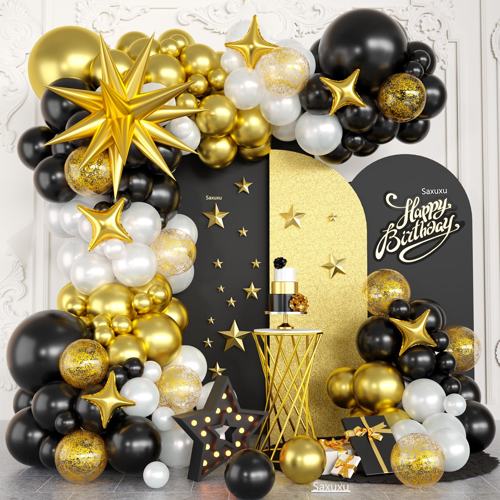 Black and Gold Balloon Arch Kit, Black White Gold Balloons Garland Kit, Star Foil Balloons, Confetti Balloon For Graduation Birthday New Year