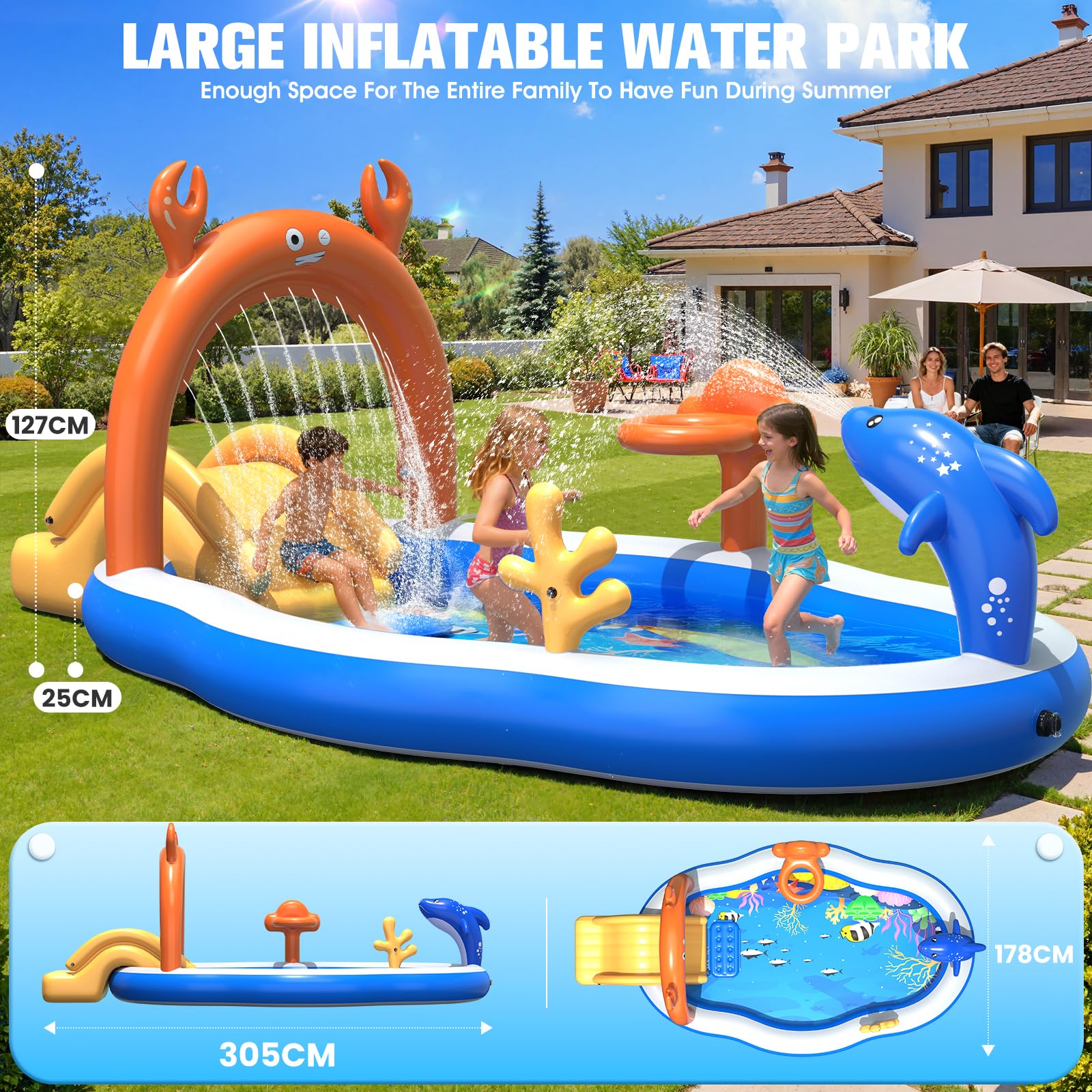 KingSom Aire de Jeu Aquatique Gonflable, Piscine Gonflable Enfant avec Toboggan, Arroseur, Pataugeoire Gonflable Épaiss Jet d'eau, Jeux Exterieur Piscine Gonflable Familiale pour Jardin,305x178x127 cm