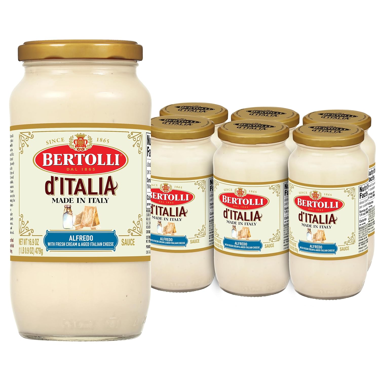 Bertolli d'Italia Alfredo Sauce, Pasta Sauce Made in Italy with Fresh Cream and Aged Italian Cheeses, 16.9 OZ (Pack of 6)