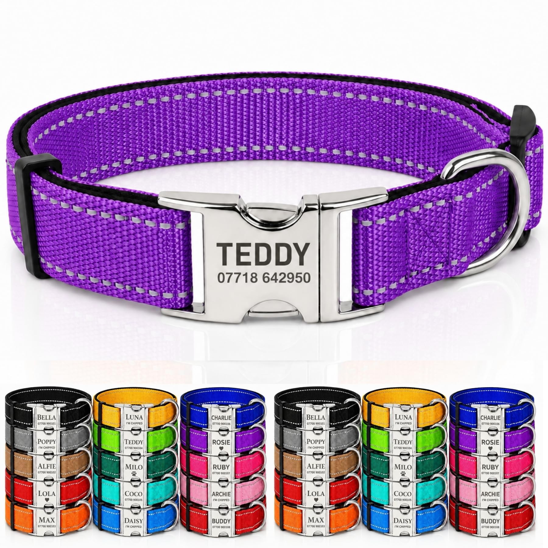 Personalised Pet Nylon Collar Custom Reflective Dog Collar Deeply Engraved In UK Name and Phone Number Adjustable Soft Collar Padded Collar For Small Medium Large Dogs Cats Sheep for Night Walking