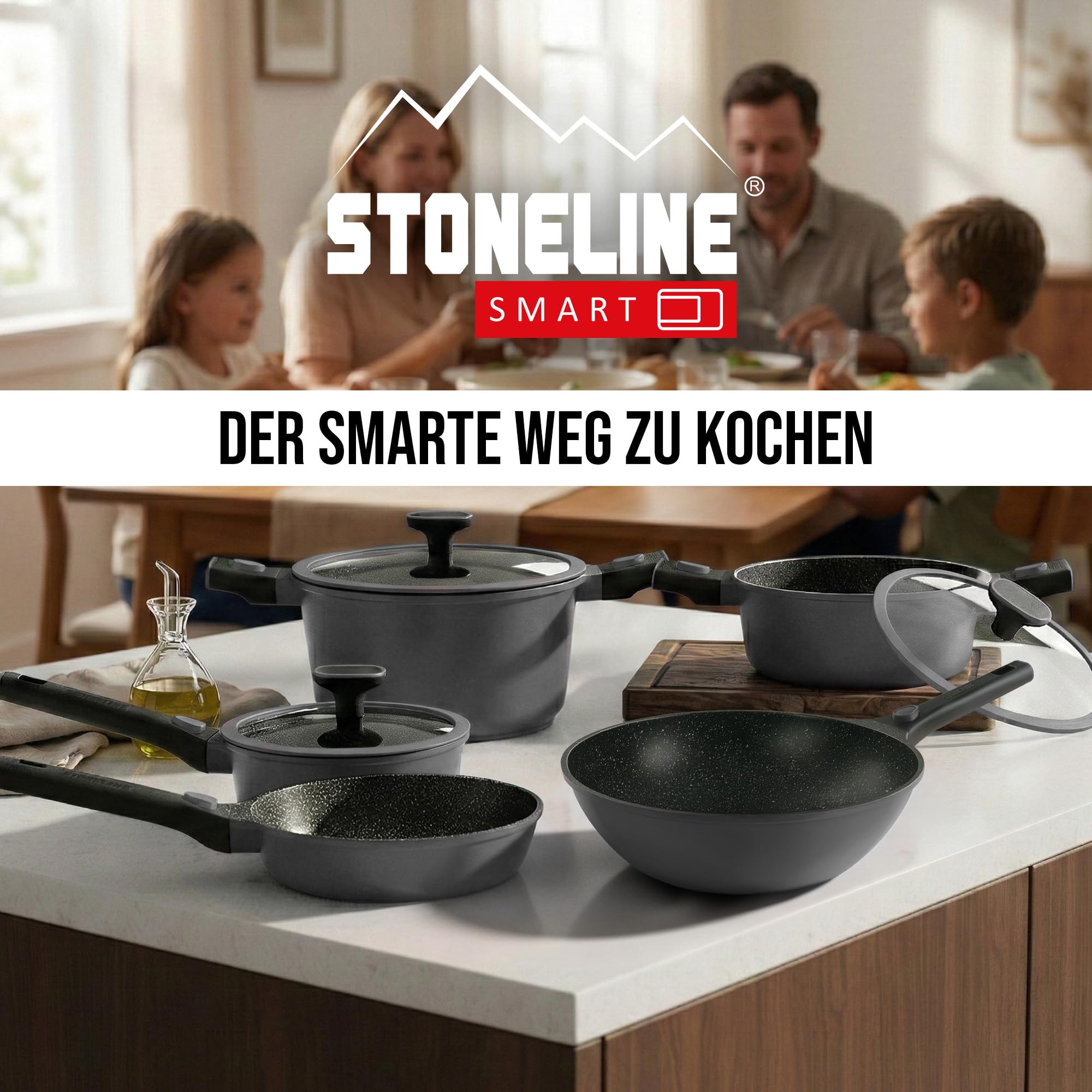 STONELINE SMART Wokpfanne 30 cm, 4,8 L ☆ REDESIGN 25/26 ☆ Große Pfanne mit Deckel, Abnehmbarem Griff, Aluguss Pfanne Induktion, Alle Herdarten, Antihaftbeschichtet mit echten Steinpartikeln, Grau