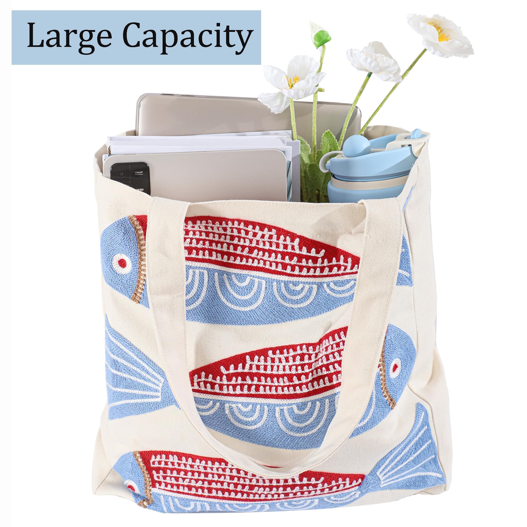 Ozean Stickerei Frauen Tasche Sommer Leinwand Strandtasche Wiederverwendbare Einkaufstasche Einkaufsbuch
