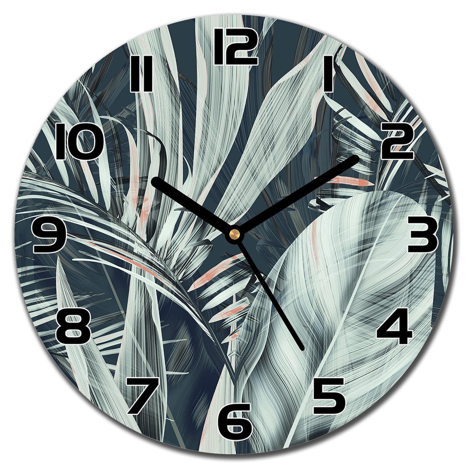 Horloge murale en verre 30 cm feuilles de la flore jungle pour salon et cuisine