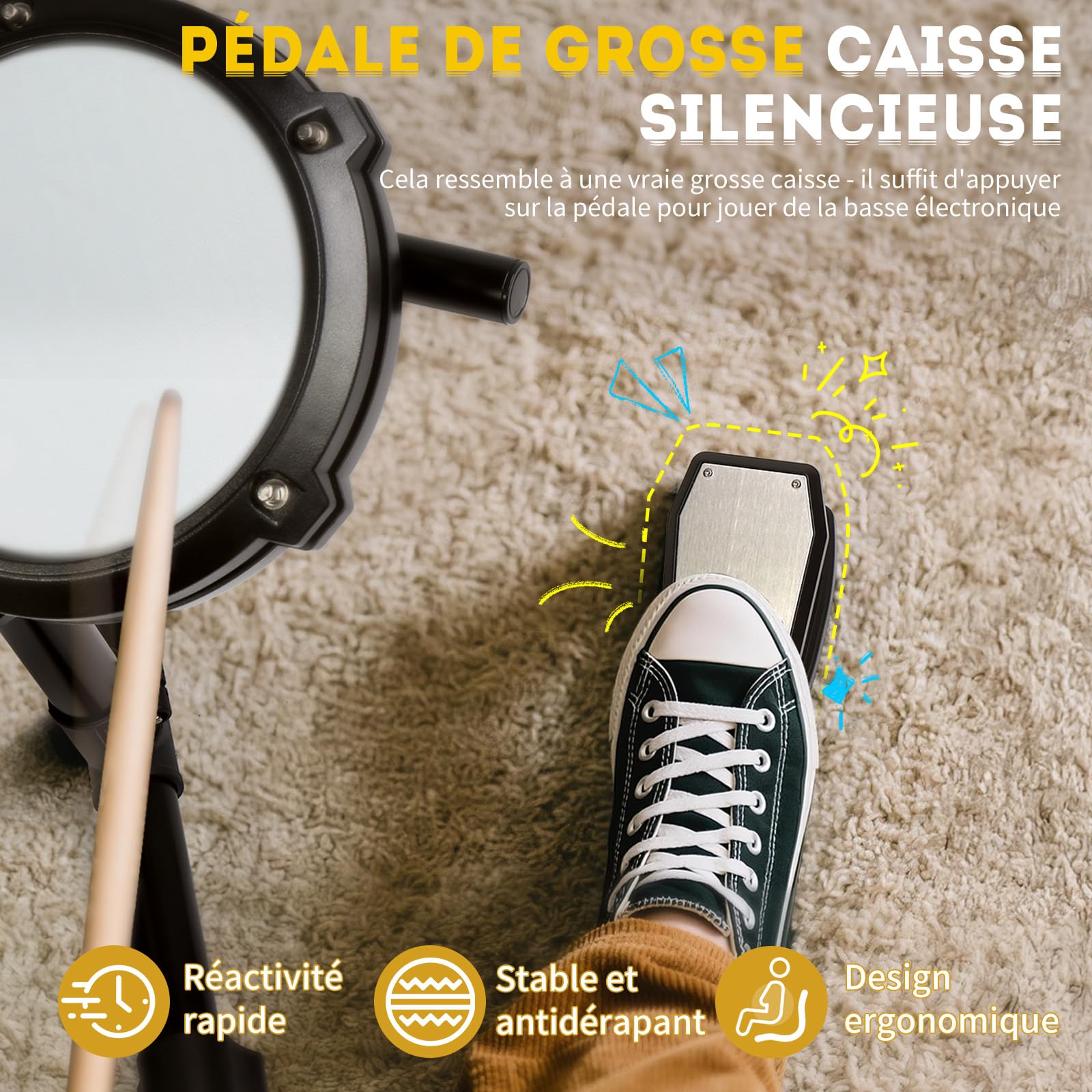 LEADZM Batterie Électronique Débutant Professionnelle, Kit de Batterie Numérique 6.5 in avec Baguettes et Trône de Tambour, 15 Sets de Batterie, 150 Sons, 10 Demo Songs, USB MIDI