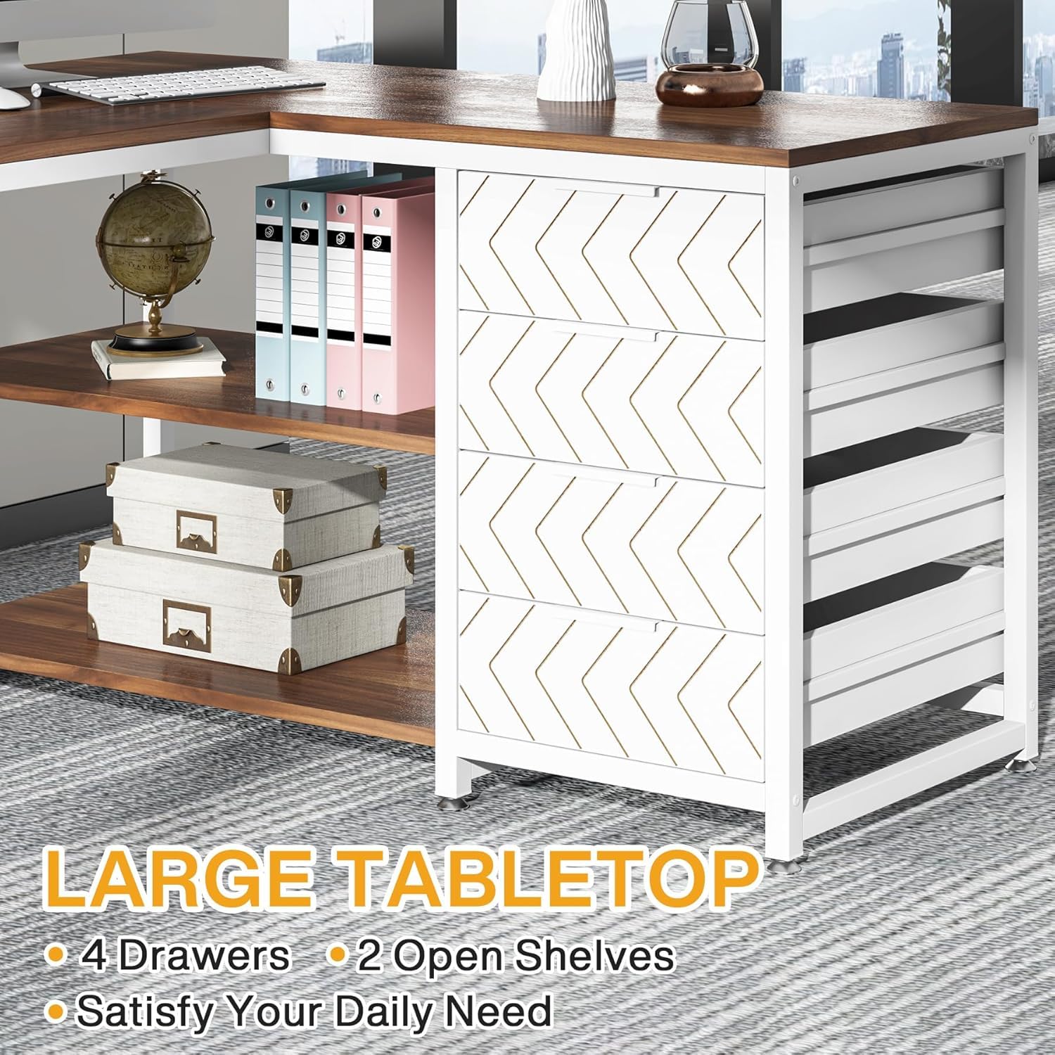 Lailang 150cm Scrivania, Tavolo Angolare, Mobili Ufficio Moderni, Scrivania In Legno, Scrittoio Vintage, 150 x 110 x 75 cm, Noce E Bianco