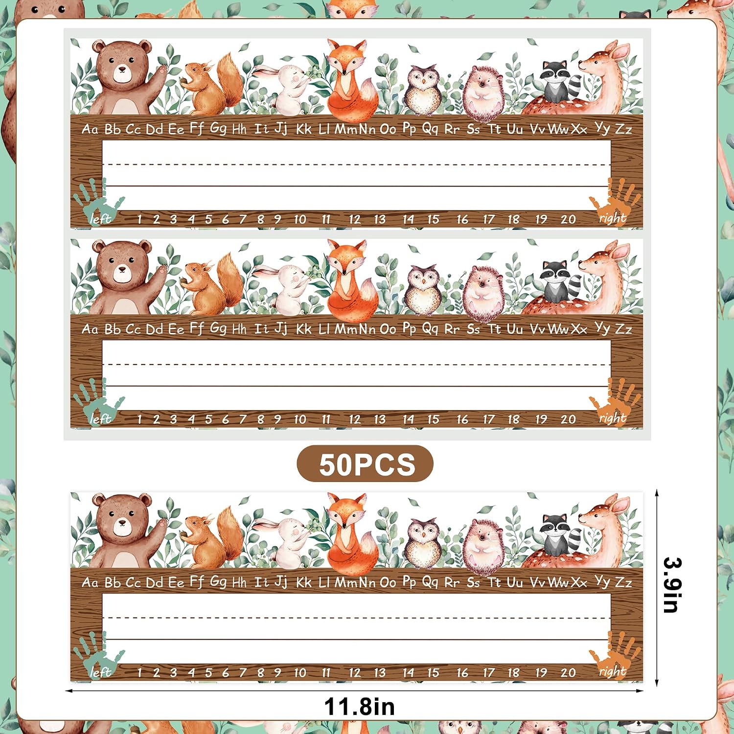50PCS Woodland Friends Nameplate Traditional Manuscript Flat Left or Right Alphabet Name Tags with Adhesive Dots Classroom Flat Name Plate for School Student Desks Supply Woodland Creatures Decoration image 2