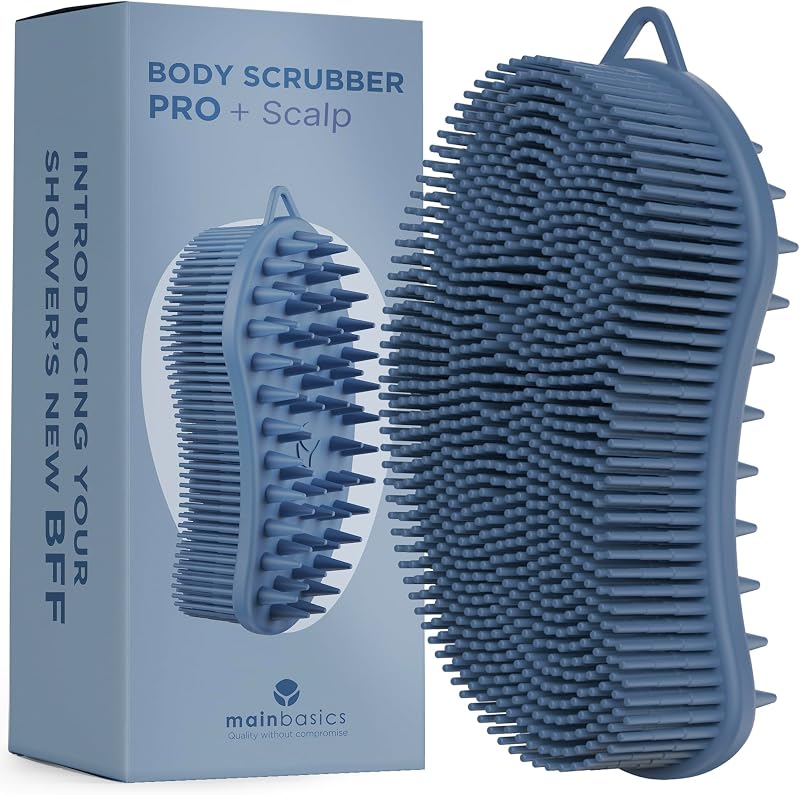 Escova de banho de silicone MainBasics, dupla face, azul-escuro, para corpo e couro cabeludo
