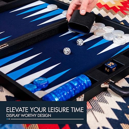Miniatura 2 de Juego de backgammon prémium de 19 pulgadas para adultos, cuero negro - azul. Juego de damas y dados prémium de 1.6 pulgadas, juego de backgammon de