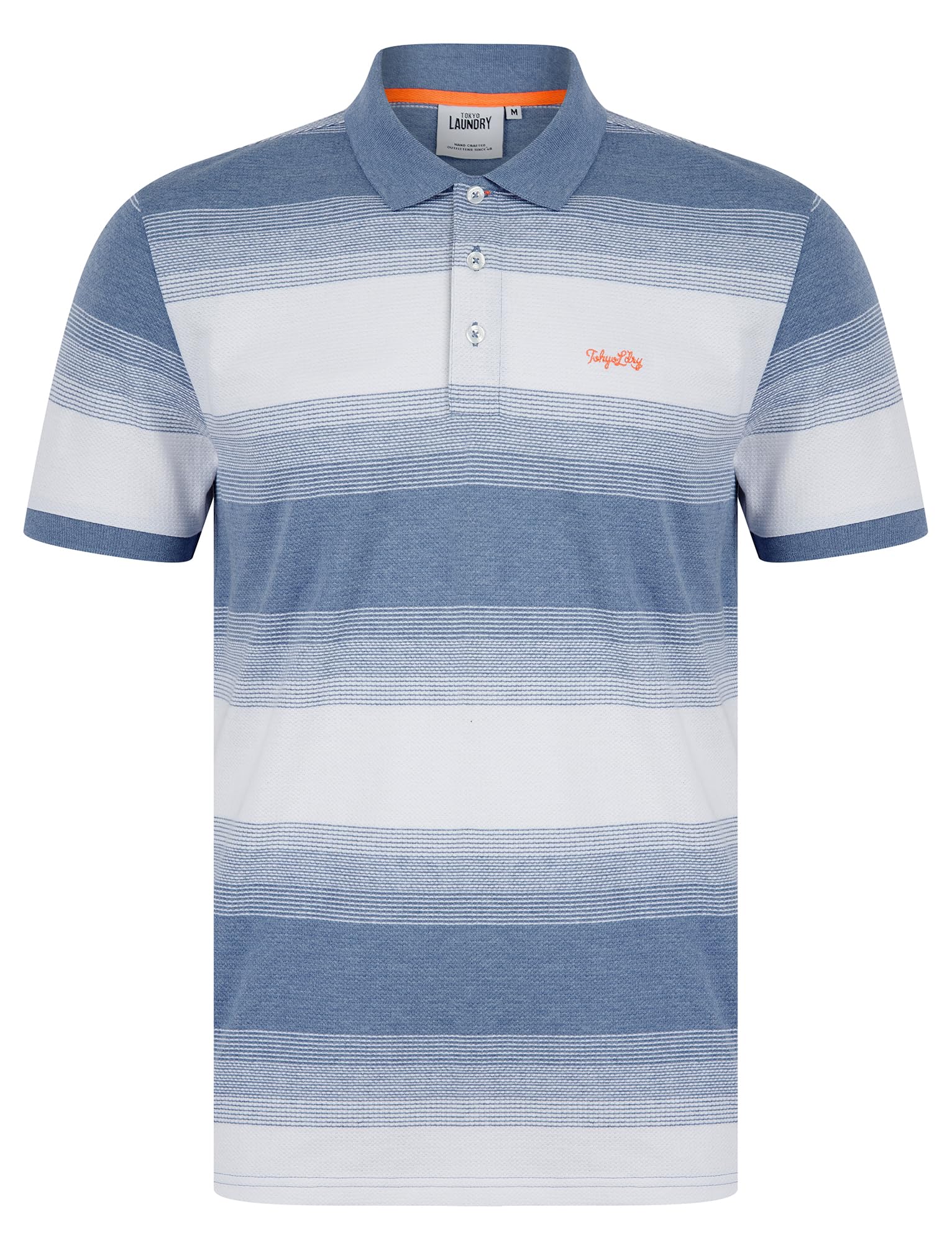 Tokyo Laundry Men's Mid Blue 'Soarer' Striped Woven Cotton Rich Pique Polo Shirt