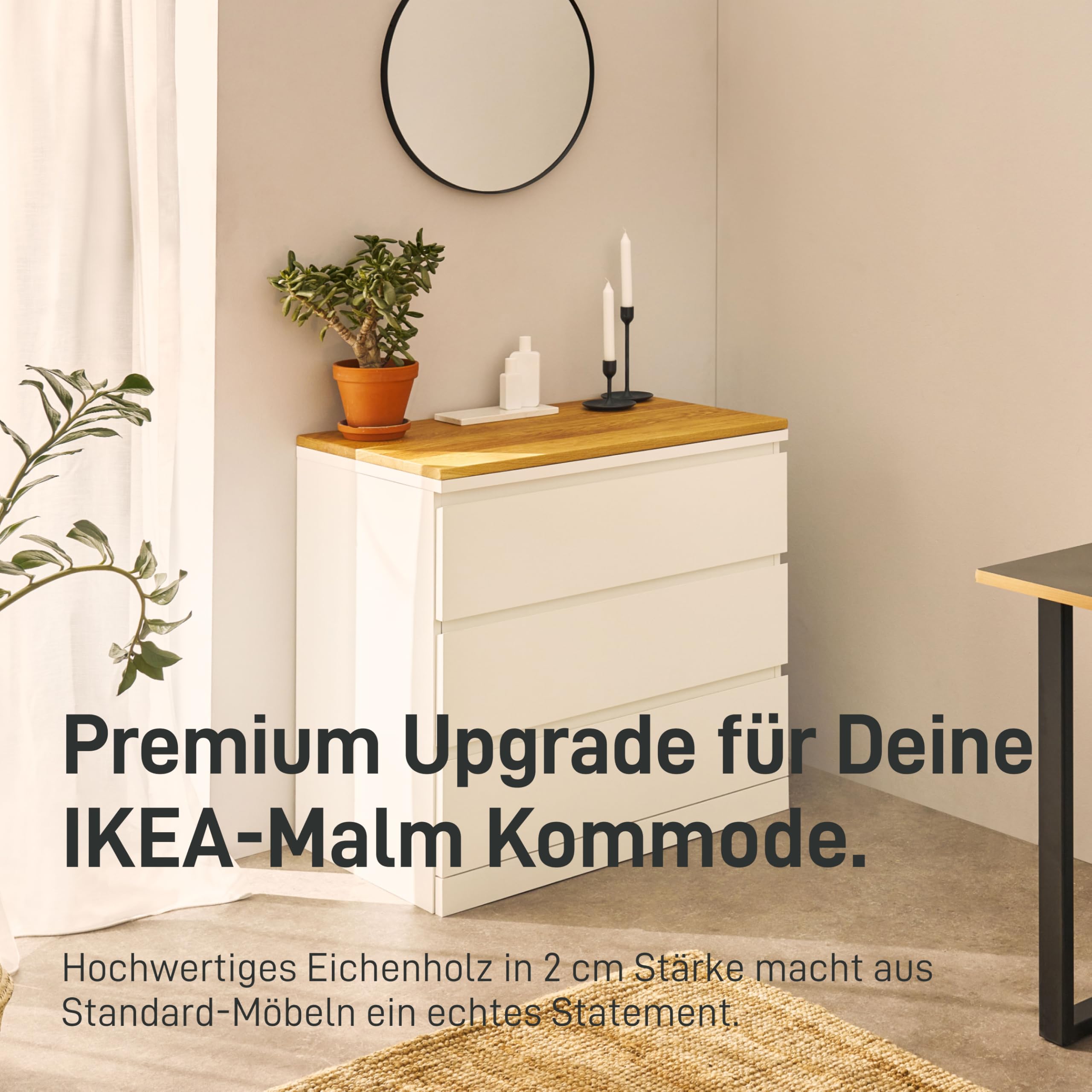 Natural Goods Berlin 1x Malm Deckplatte Eiche - I K E A Upcycling - 2 cm Starke Malm Holzplatte passgenau mit Antirutschfunktion - Holzbrett Eiche massiv - DIY Fensterbrett Eiche Brett 80 x 48 x 2 cm