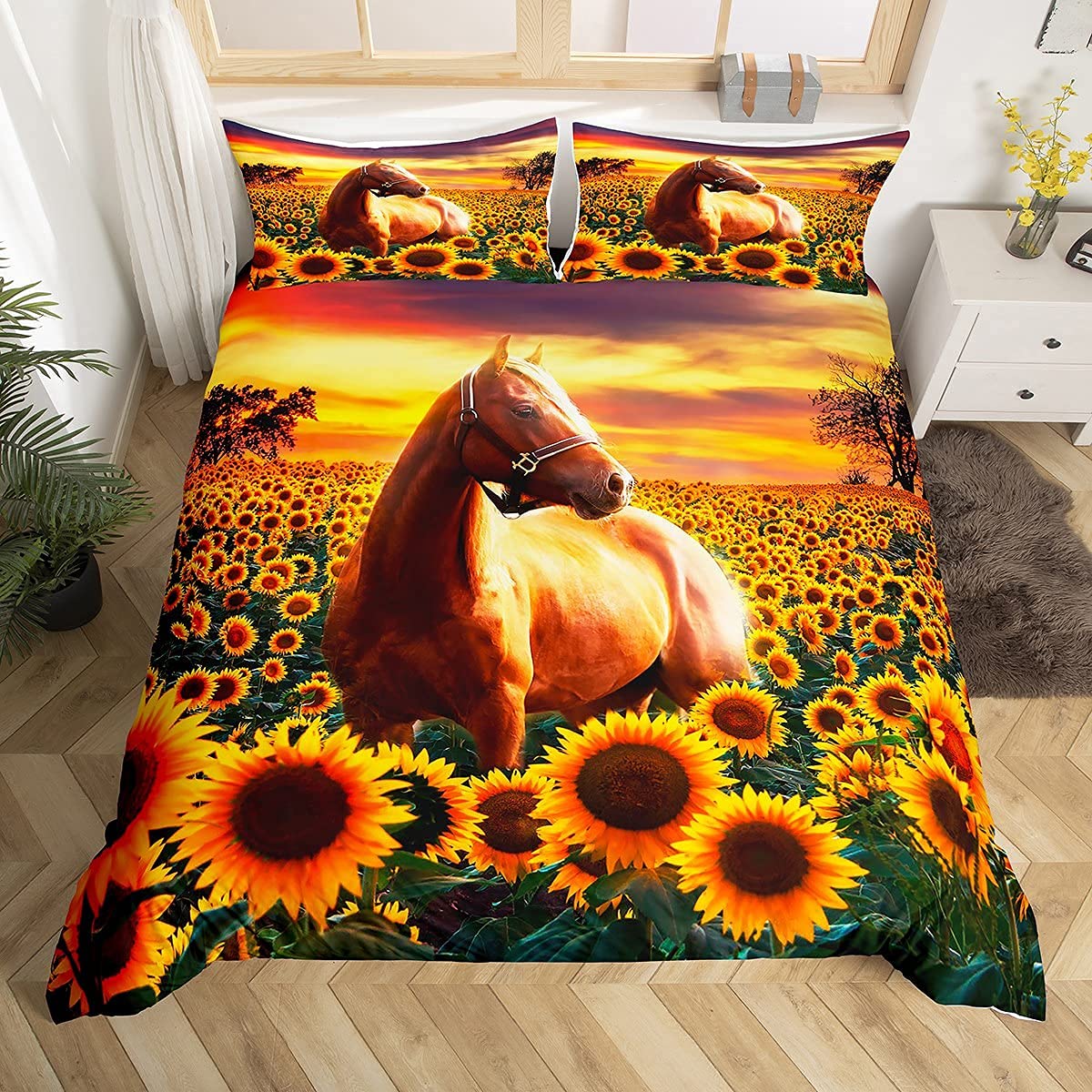 Brown Horse Duvet Cover Set Double Size for Kids Sunflower Bedding Set Animals Comforter Cover with 2 Pillow Shams Ultra Soft Easy Care Microfiber 3D Print Wild Animal Quilt Cover — image 1