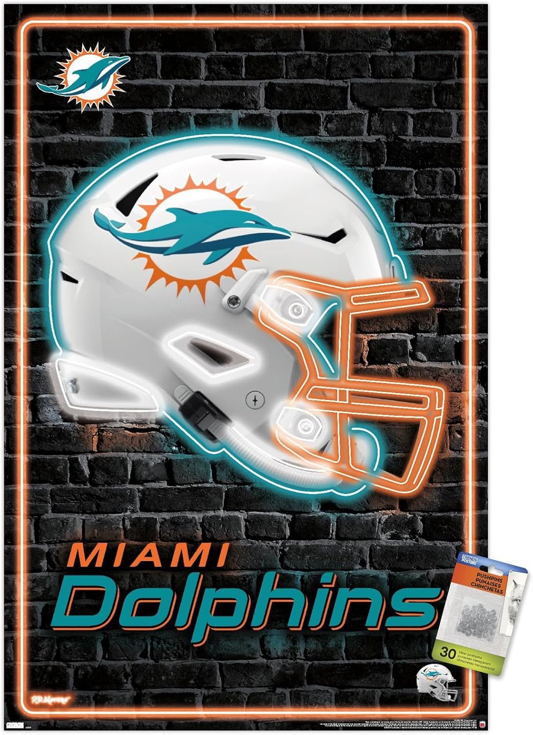 Trends International NFL Miami Dolphins - Neon Helmet 23 Wall Poster, 22.37" x 34.00", Premium Poster & Push Pin Bundle