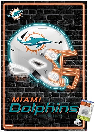 Trends International NFL Miami Dolphins - Póster de pared con casco neón 23, 22.375 x 34 pulgadas, paquete de póster y alfiler de primera calidad