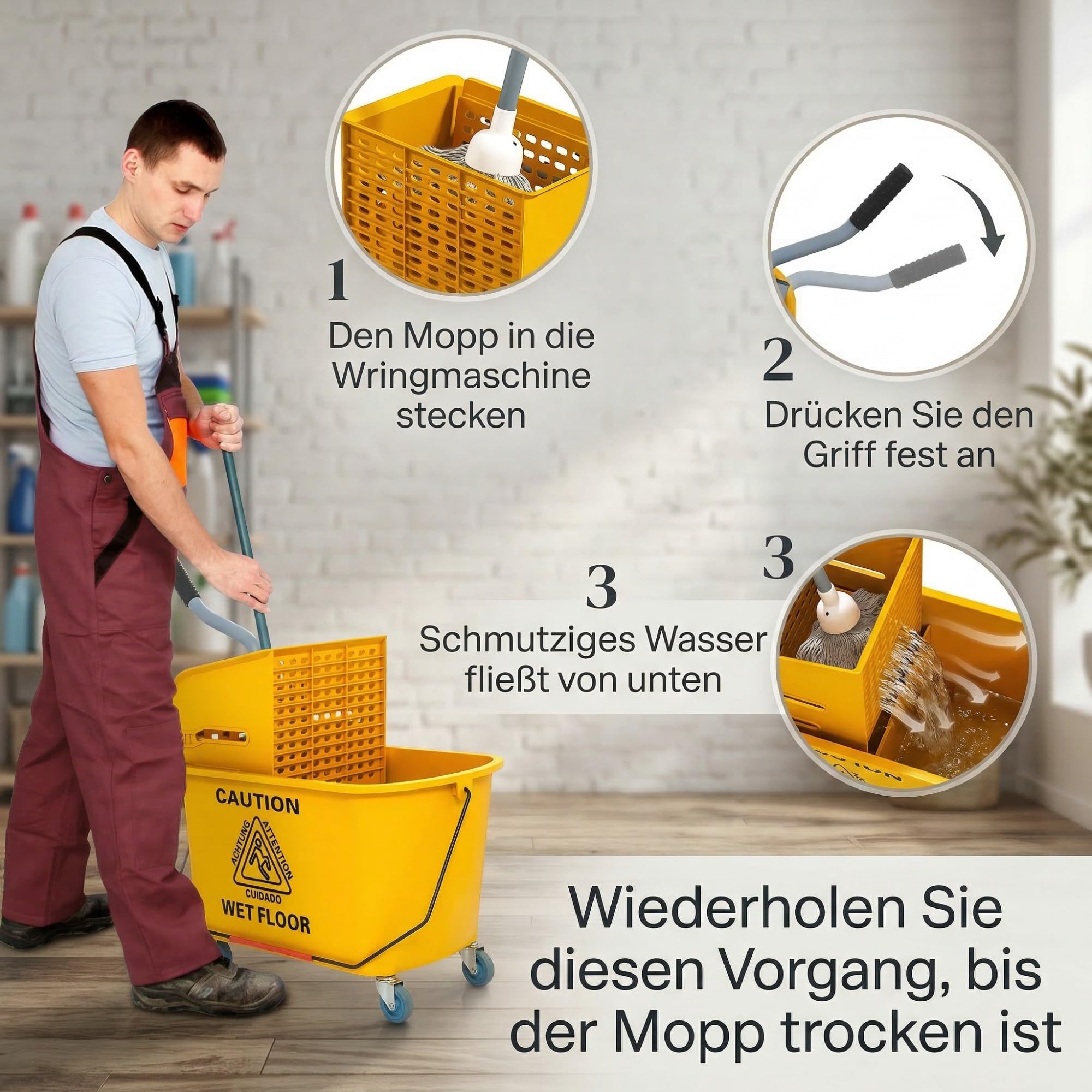 HOMCOM Reinigungswagen 20L mit Presse und Kehrgarnitur, Putzwagen Eimer mit Mopp und Rolle, Gelb