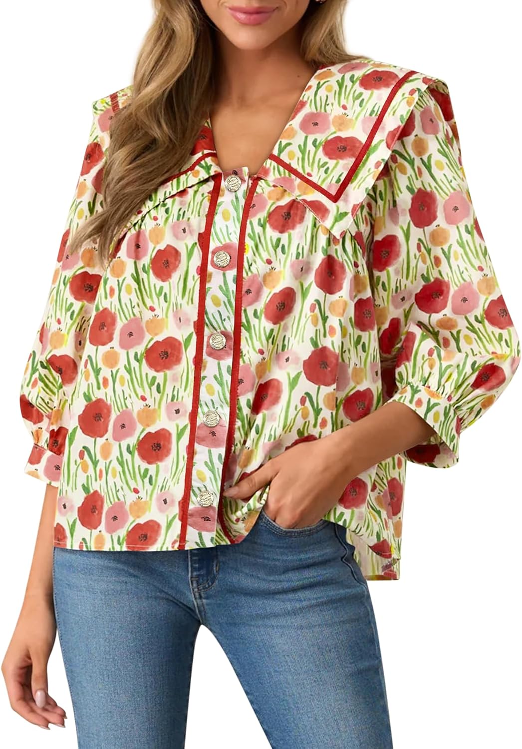 Women's 2026 Fashion Tops 100% Cotton Button Down Shirts V Neck 3/4 Length Sleeve Floral Peter Pan Collar Blouses