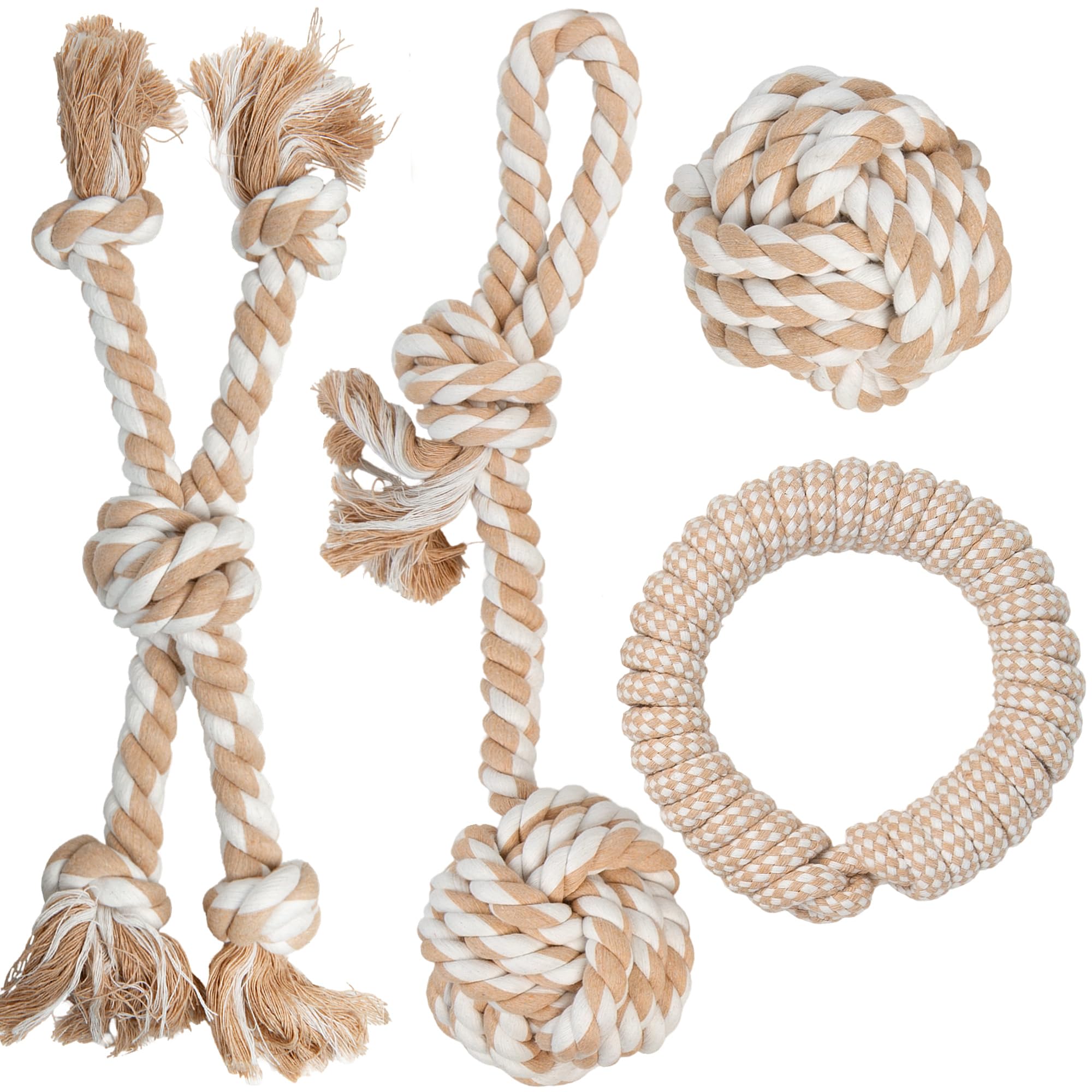 PetiFine Chew Toys for Dogs 4 Pack, Dog Rope Toy for Aggressive Chewers, Interactive Rope Ball Natural Cotton, Dog Tug of War Toy for Teeth Cleaning
