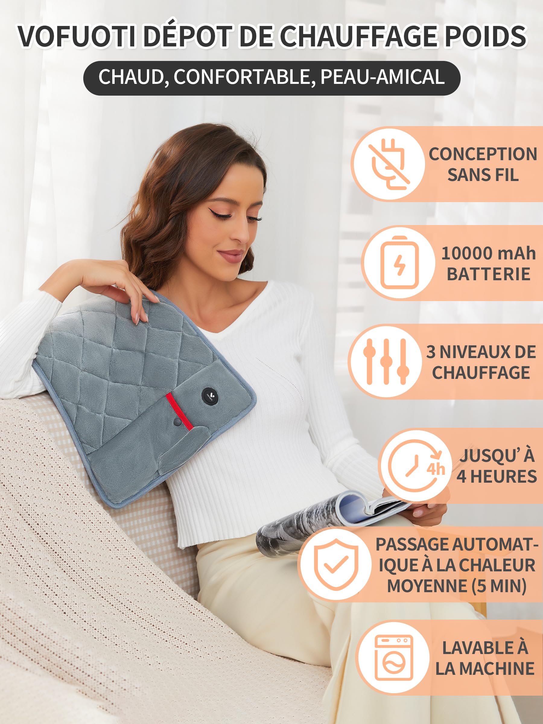 Vofuoti Coussin Chauffant avec 10000 mAh Batterie Sans Fil,2.29lb Gravité Coussins Chauffants pour le Dos,Épaule,Nuque,3 Niveaux de Chauffage,Couverture Chauffante Électriques,Lavable en Machine