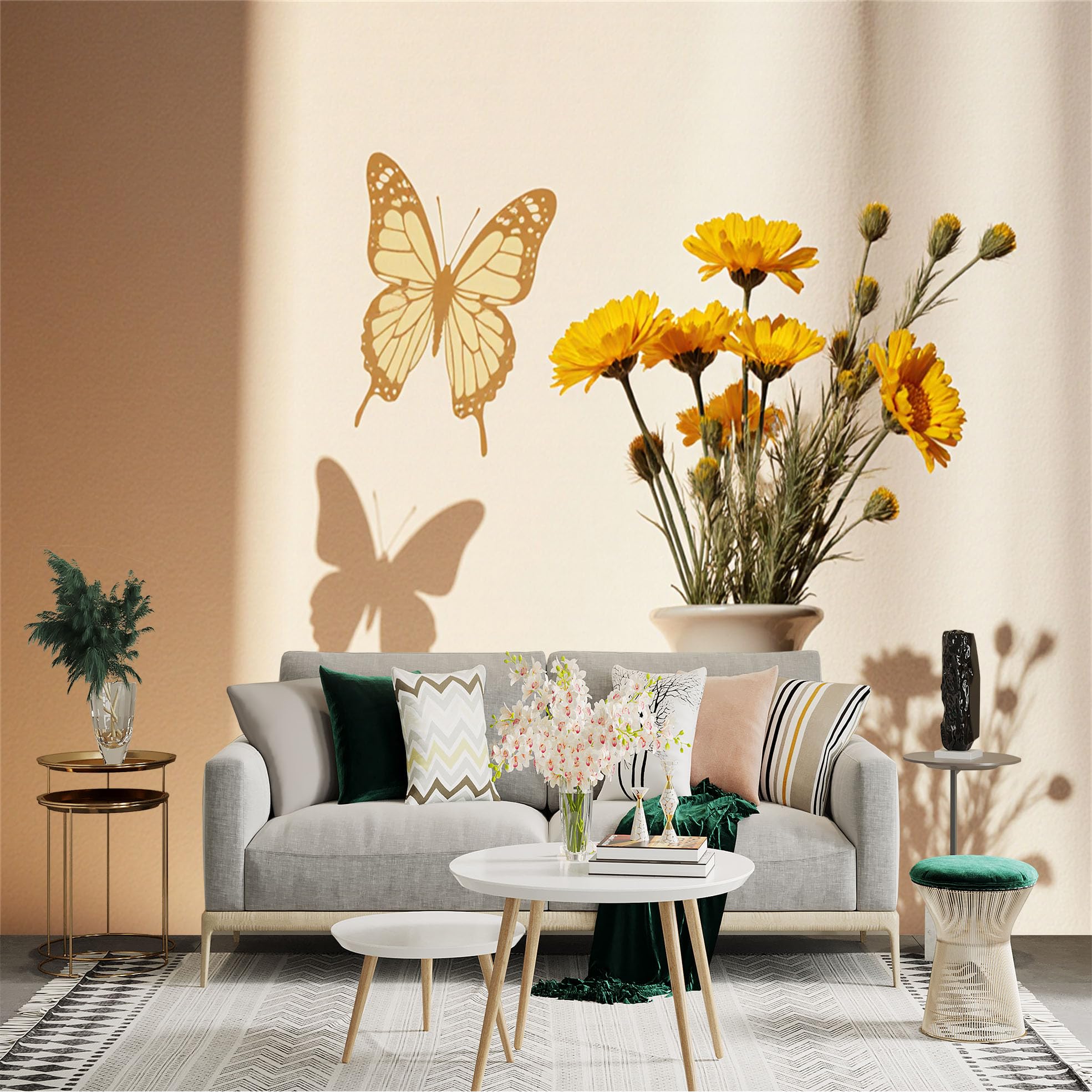 Custom Size Wall Sticker Mural， Golden Butterfly Silhouette， Blooming Yellow Flowers in Vase， Elegant Botanical Art， for wall Decoration， peelandstick wall Decals.