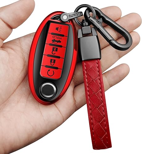 Sindeda Funda compatible con llavero Nissan con llavero de cuero, funda de TPU suave para llave remota inteligente Altima Sentra, Maxima, Rogue,