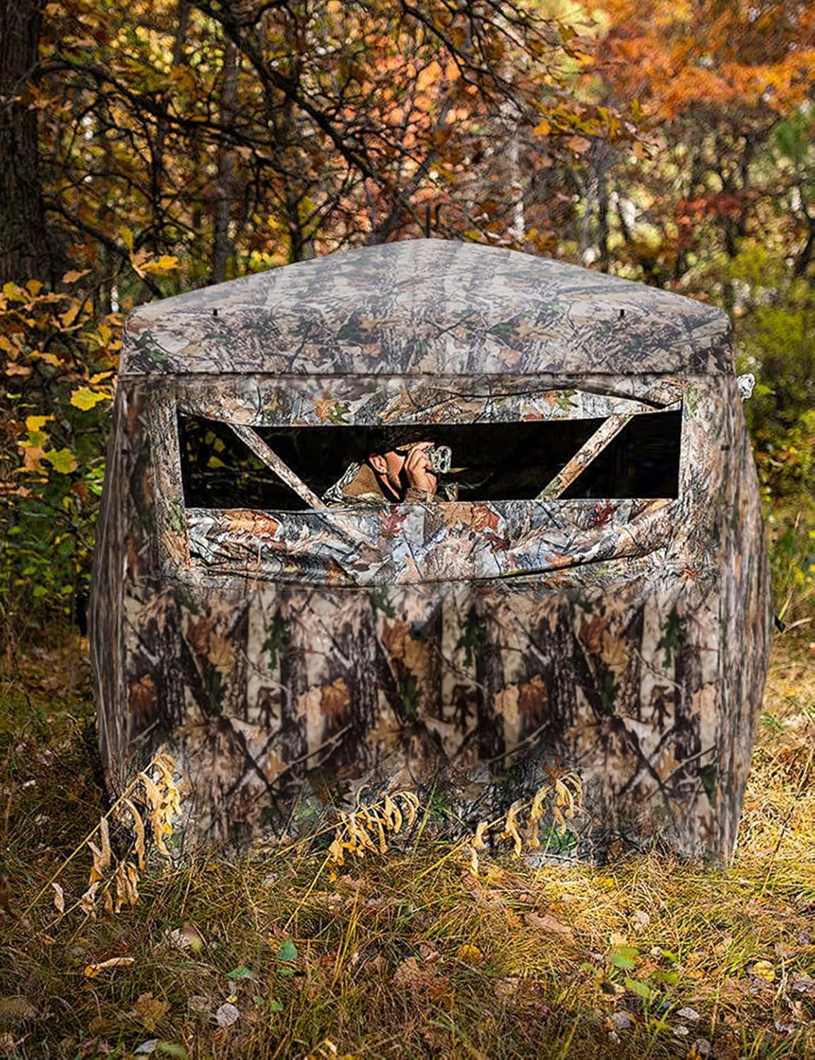 270° Camouflage Hunting Blind Portable Pop-Up Tent with Shoot-Through Mesh, Waterproof Ground Blind for Deer Hunting, 2-3 & 3-4 Person Capacity & Carry Bag