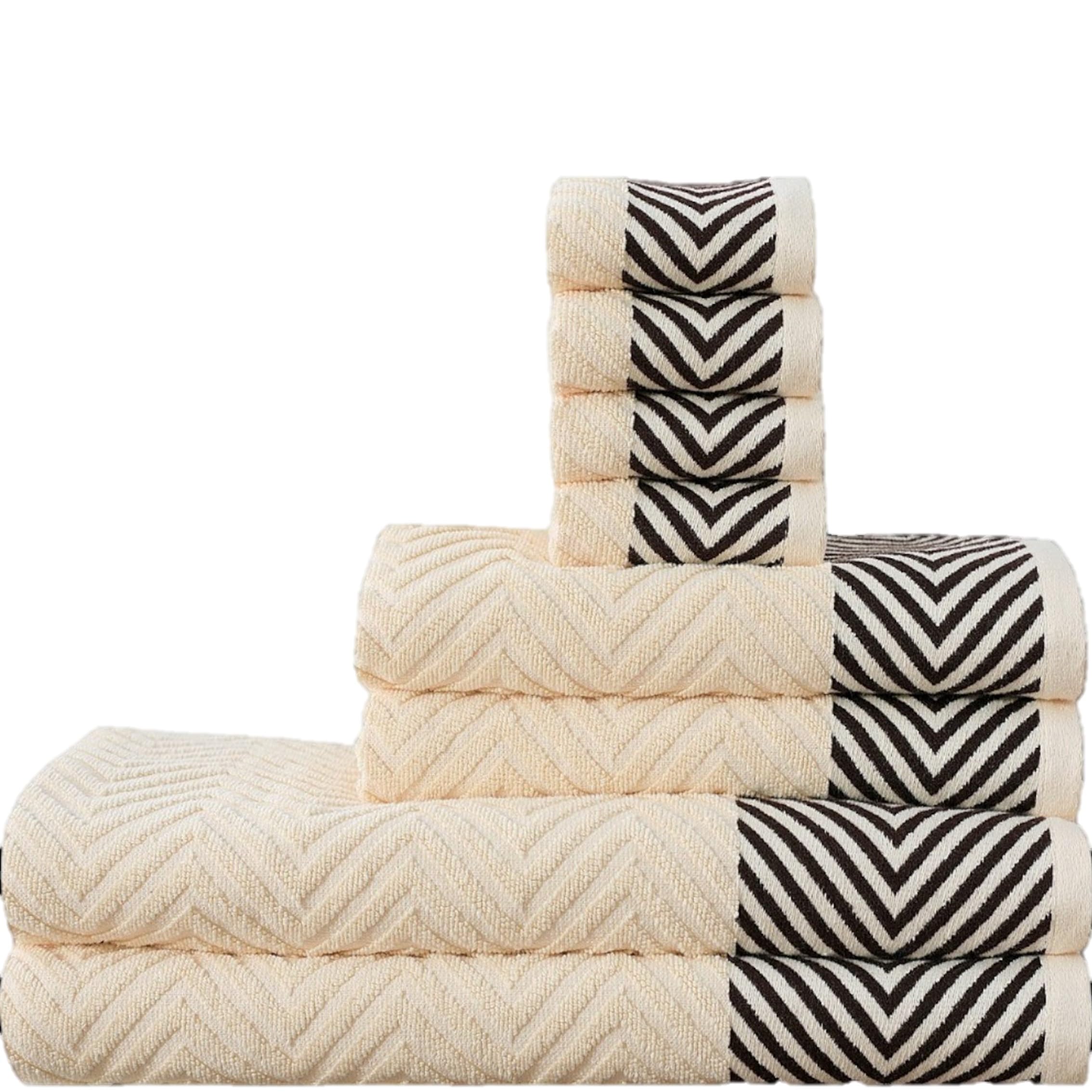 Thewhitewater Limited Cream (Zig Zag) 8 Piece Towel Set – 100% Natural Cotton, 600 Gsm – Includes 2 Bath Towels, 2 Hand Towels, 4 Face Cloths – Ultra Soft, Highly Absorbent, Quick-Dry – Hotel Spa Quality Bathroom Bale Set (Cream Zig Zag)