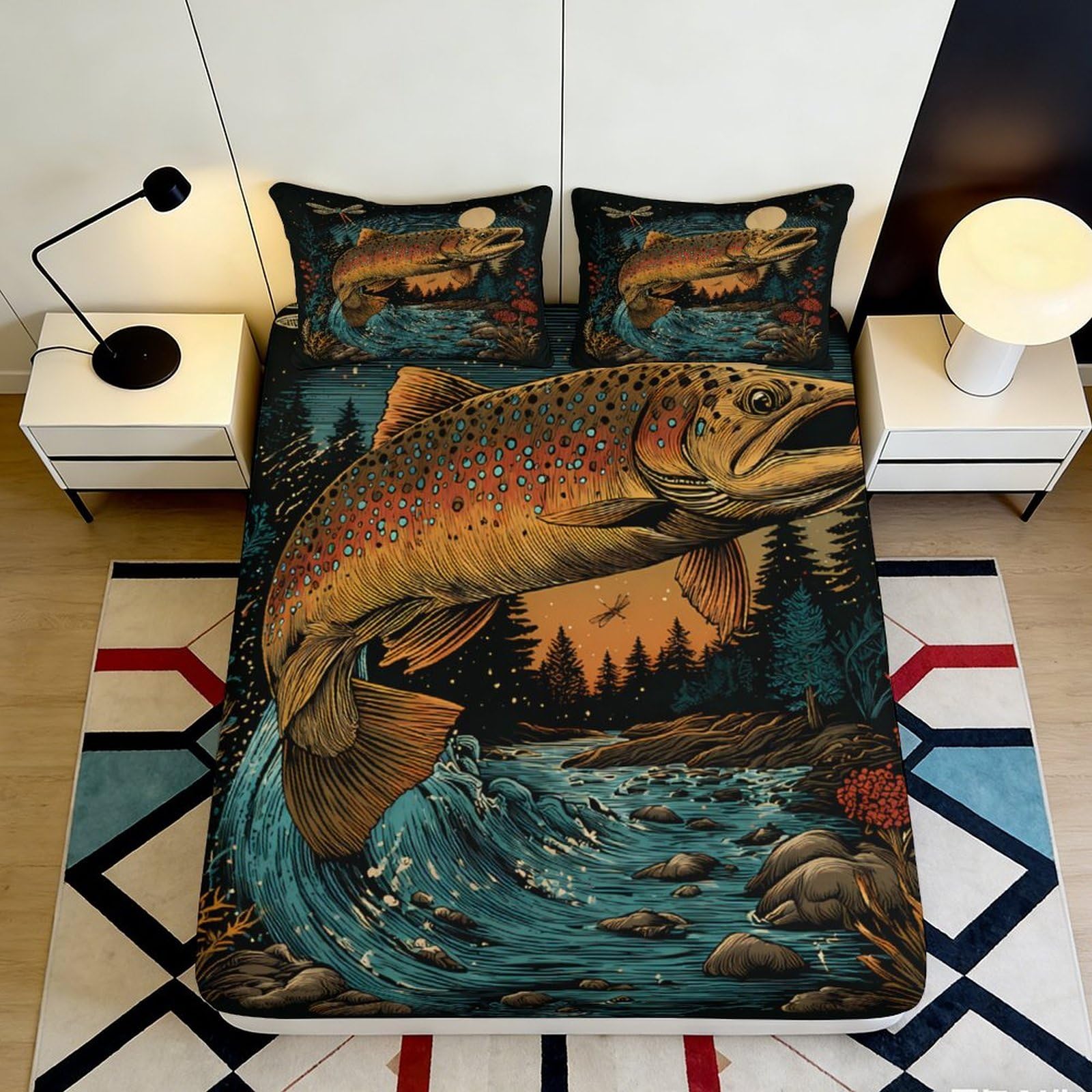 Pnayamiorkfel Style-1 3D Printed Jumping Trout Fitted Sheet Microfiber Soft Forest River Bed Cover Anti-Slip Washable Bedroom Decor 90X200x25cm