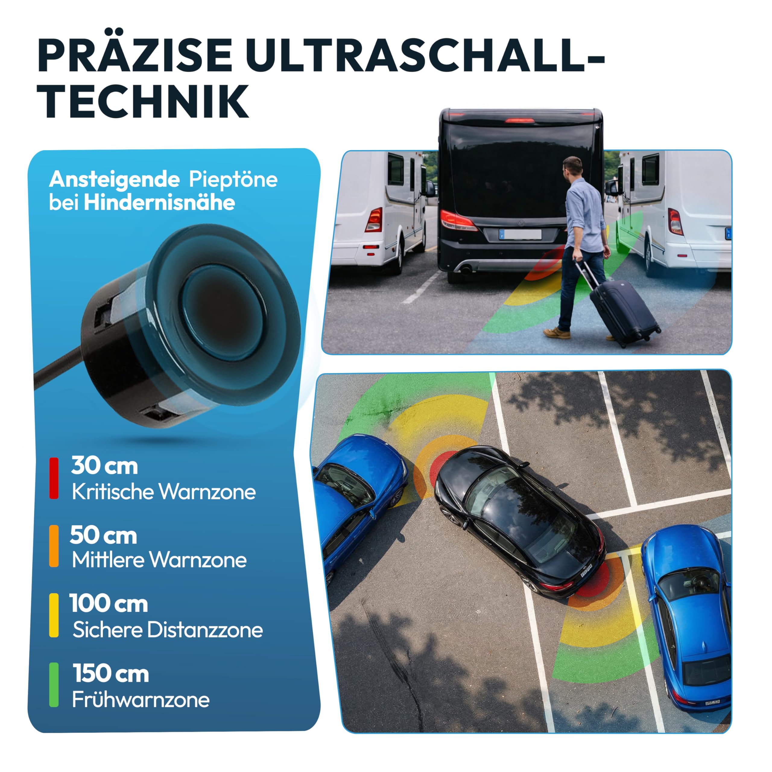 VSG24 Echo Plus Einparkhilfe Set vorne & hinten mit Display & 8 Sensoren – robuste Parkhilfe für Fahrzeuge, Wohnmobil & Transporter – LED-Anzeige & akustischer Warner – bis 12 m – 12V PDC Nachrüstset