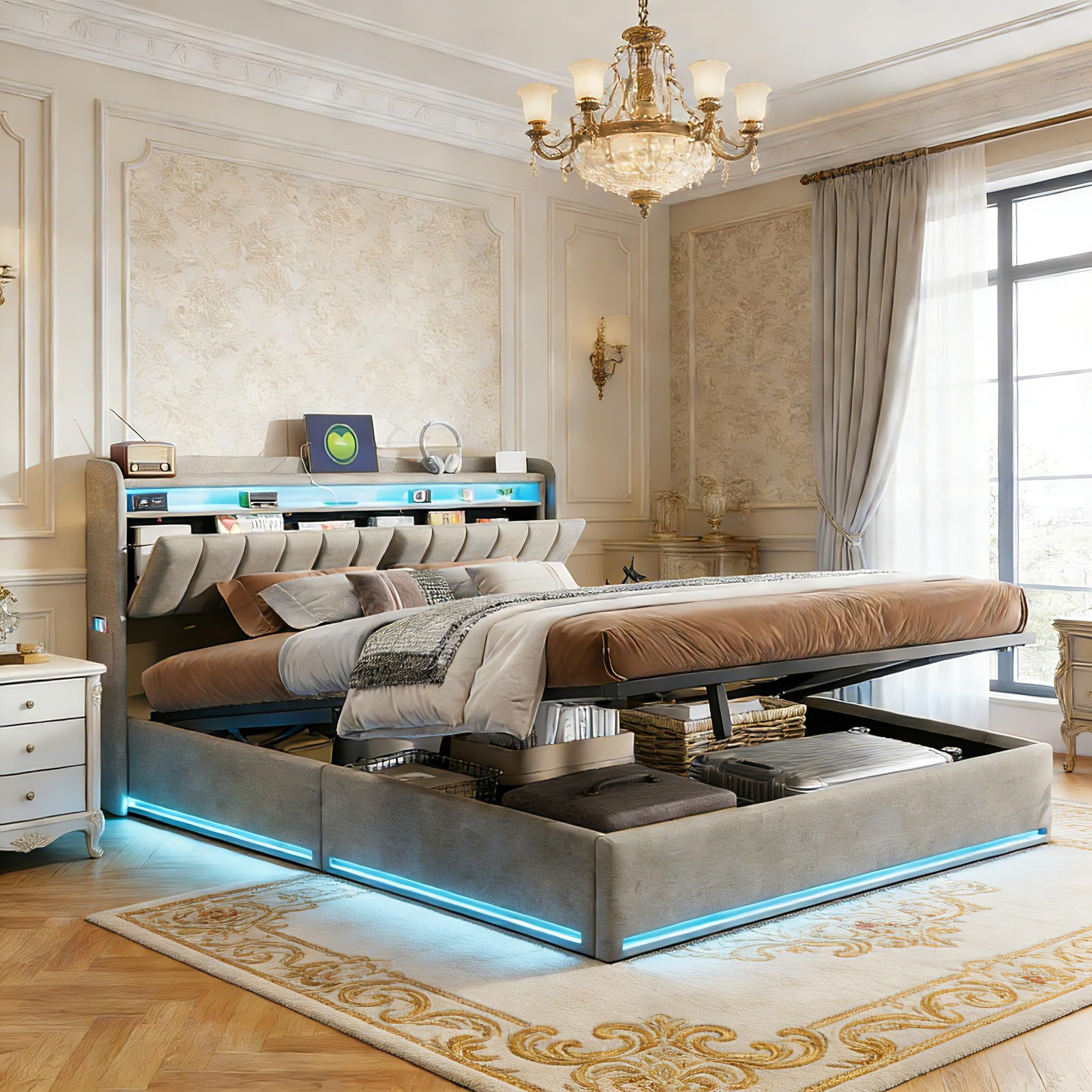 Letto matrimoniale imbottito 140 x 200 cm con testiera, camera di stoccaggio, letto idraulico con cassetta, letto per ragazzi con LED e USB, letto a molle con rete a doghe, velluto (grigio