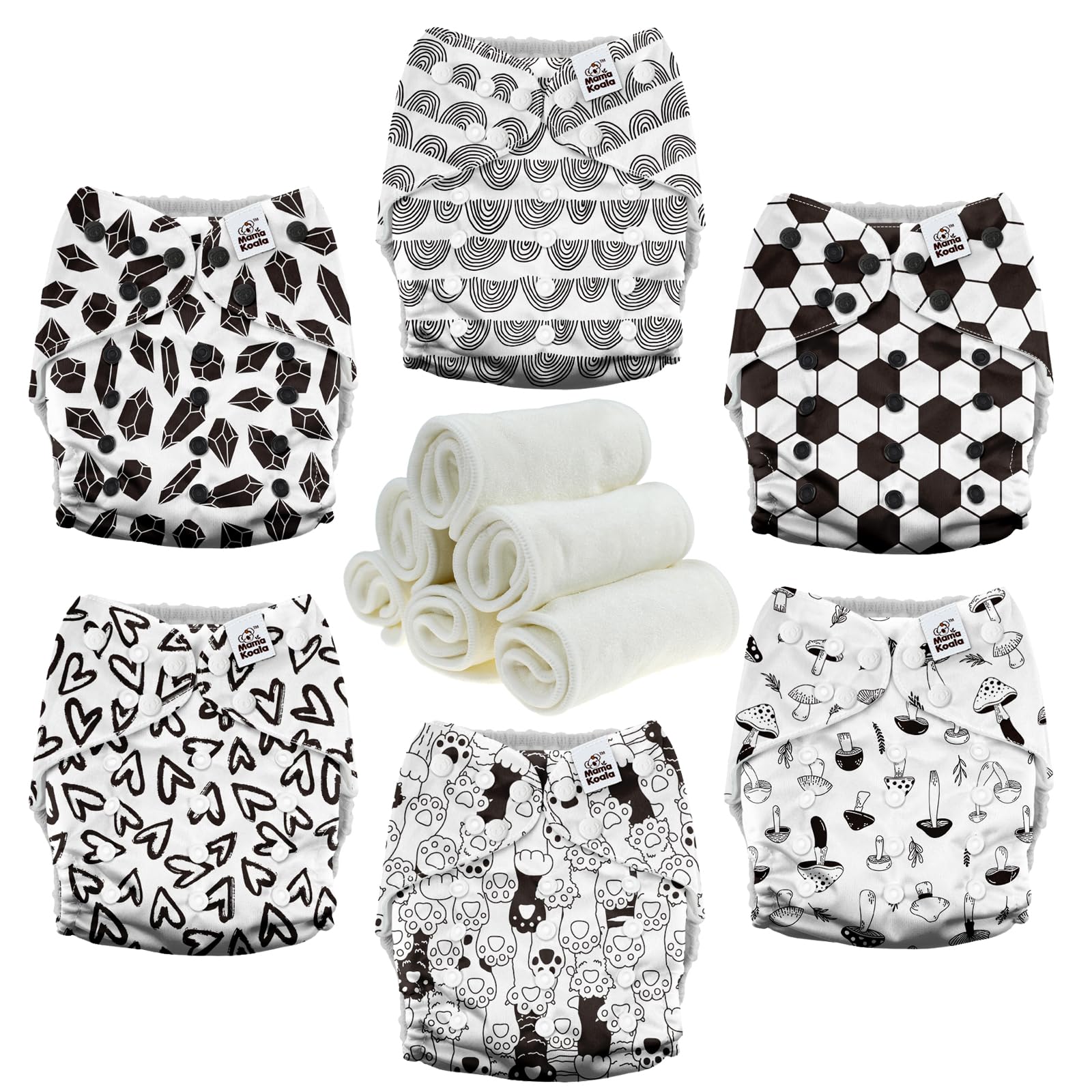 Mama Koala 3.0 Cloth Diapers for Babies with AWJ Lining, 6 Pack with 6 Natural Cloth Diaper Inserts - Reusable and Washable Pocket Diapers (Black &amp; White World)