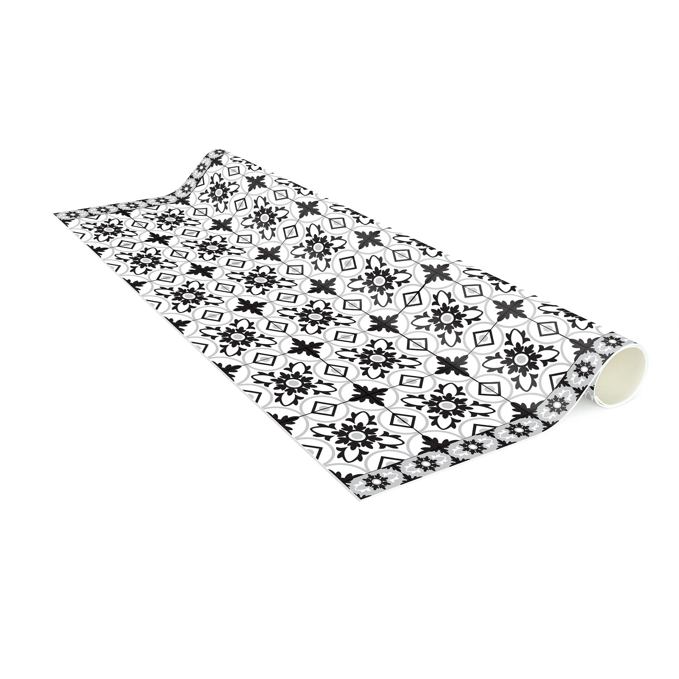 Tapis en Vinyle essuyable à l'eau à Motifs Collage sans Bulles Protection de Sol avec Motif Tapis antidérapant Noir et Blanc Imitation carrelage Illustration Cuisine Couloir 3198 (40x40cm)