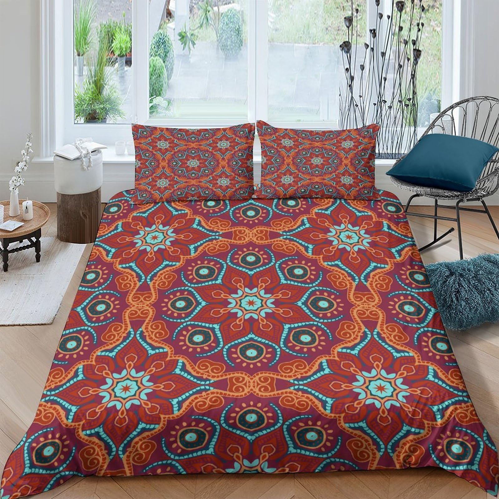 Ctjqhvkz Style-2 3D Printed Mandala Red Fitted Sheet Microfiber Soft Boho Geometric Mattress Cover For Bedroom Guest Room Home Decor Single（135X200cm）