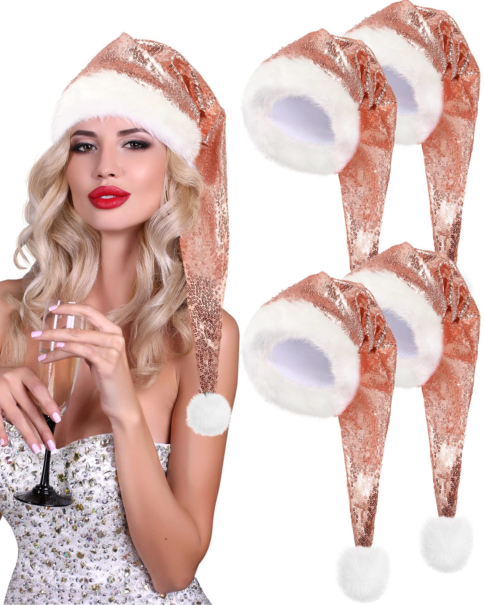 Geyoga 4 Pieces Long Santa Hat, Xmas Santa Hat for Adults Christmas New Year Party Day
