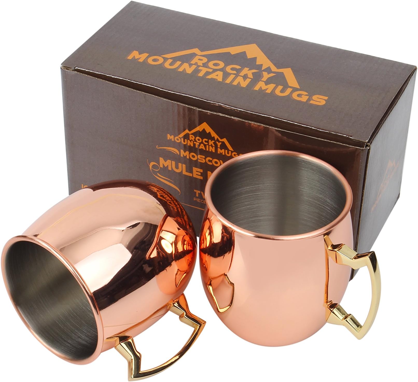 Moscow Mule Copper Mugs Set Of 2 By Rocky Mountain Mugs - 18 ounce Capacity Drinking Cups For Cocktails & Cold Beverages - 100% Handcrafted With Stainless Steel Lining - Ergonomic Brass Handle
