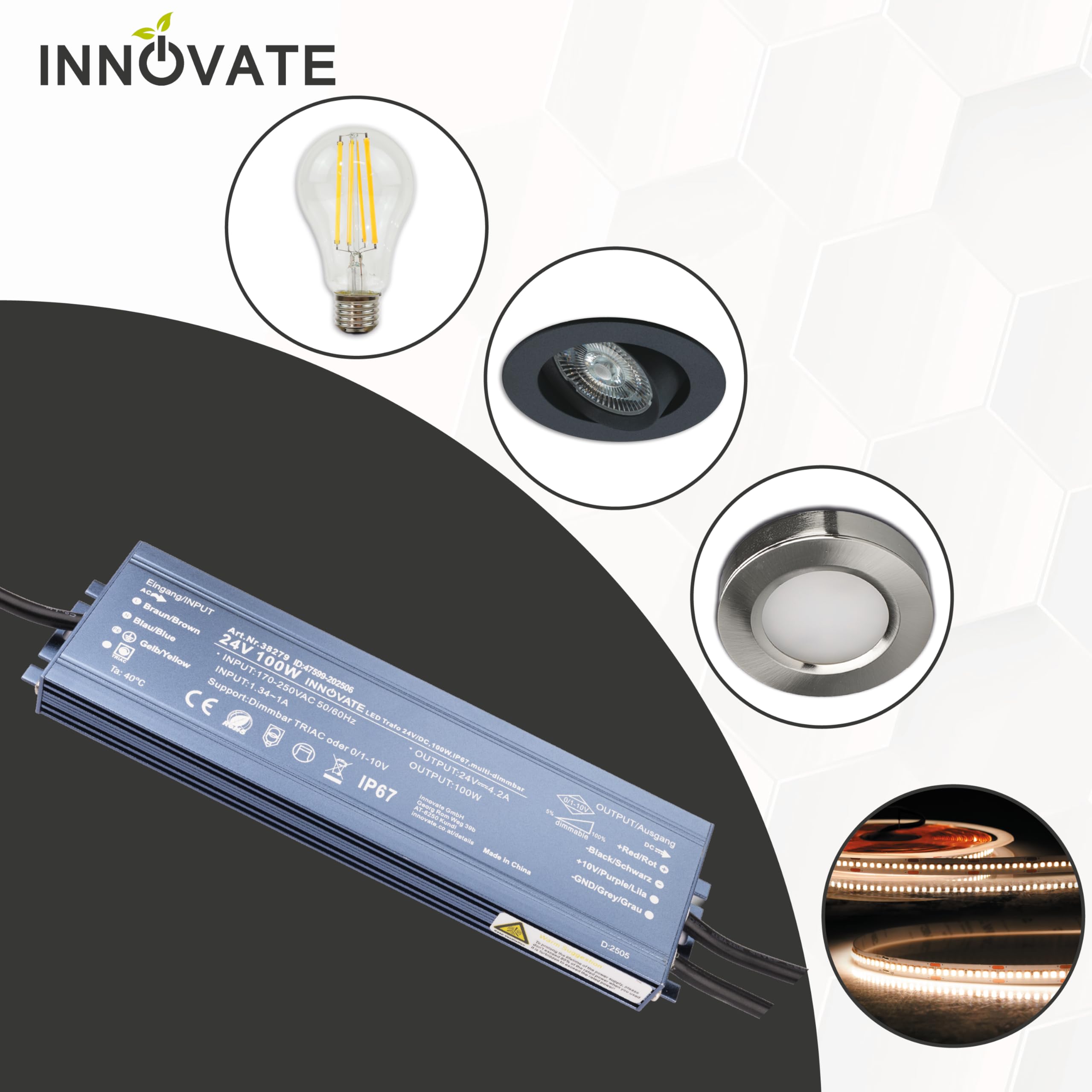 INNOVATE Transformateur LED 24V IP67 à intensité variable – 100 W – 24 V AC – Triac & 0/1-10 V – Pas de scintillement, pas de bruit pour ampoules LED et bandes – Transformateur redresseur Driver