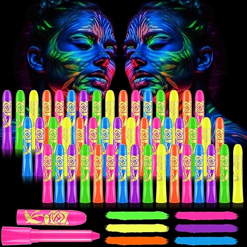 Tenceur 48 piezas de pintura corporal que brilla en la oscuridad bajo los rayos UV y la luz negra, kit de pintura facial de neón para fiestas de