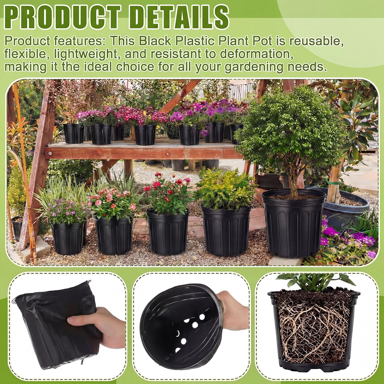 225 Stück 1/2/3/4/5 Gallonen Kunststoff Anzuchttöpfe Bulk verdickte Pflanztöpfe mit Drainageloch Runde Blumenbehälter mit Pflanzenetiketten Kleine Schaufeln Set Pflanzgefäße für den Innen