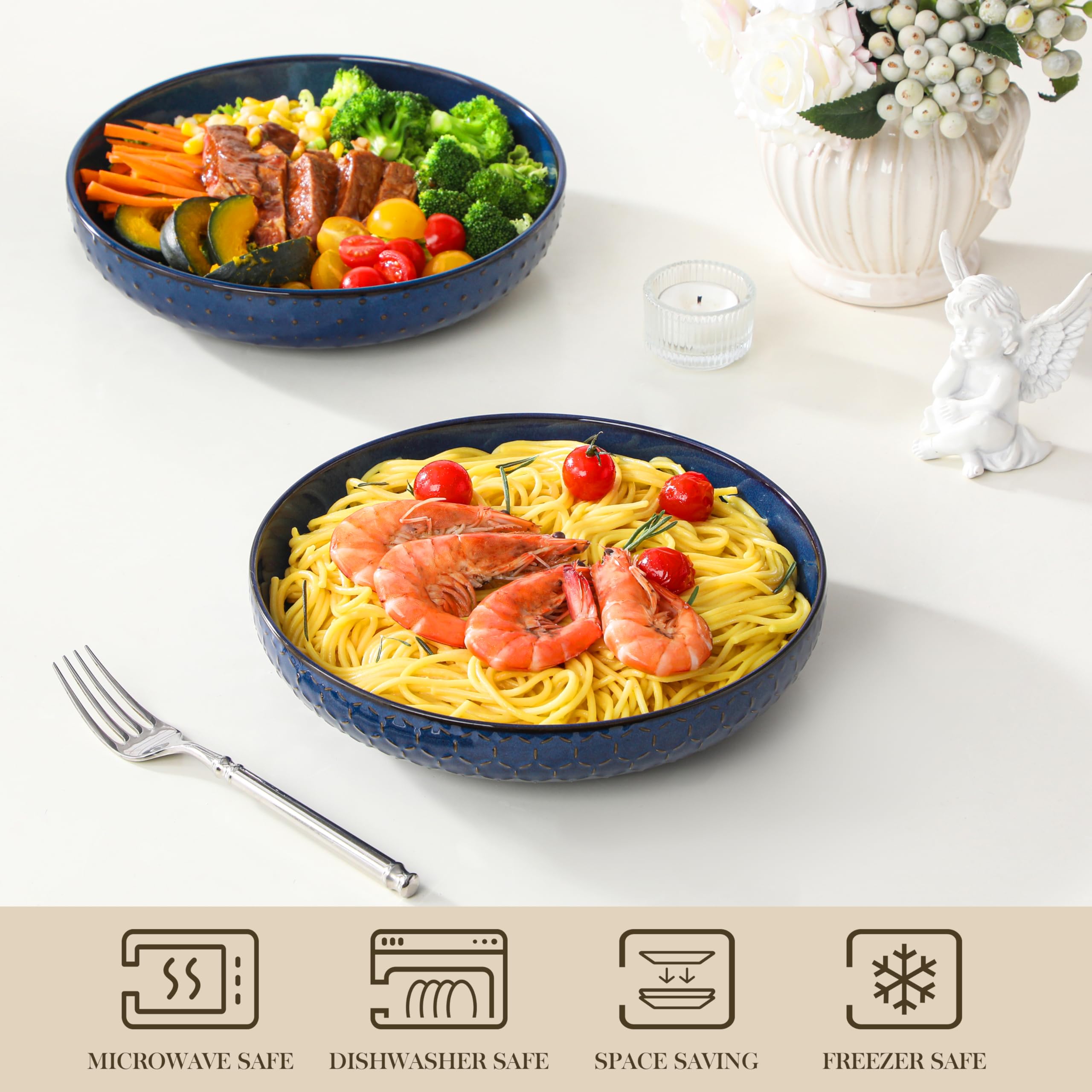 MALACASA LYDIA talerze do zupy, zestaw 4 sztuk, duże miski do zupy, 1570 ml, miski na makaron, Ø 24,1 cm szerokości i płaskie talerze głębokie do spaghetti, miski na makaron, duże miski do sałatek