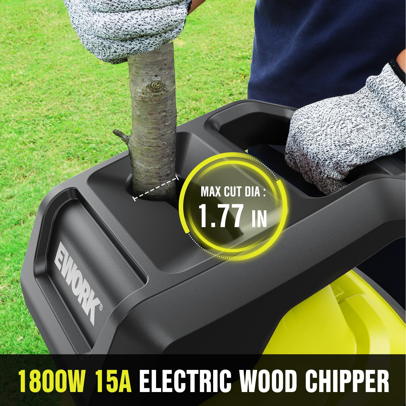 EWORK Trituradora eléctrica de madera de 15 amperios, alta relación de reducción 15:1 con 4 cuchillas de acero incluidas, capacidad de 1.77 pulgadas, trituradora de jardín para compostar ramas y