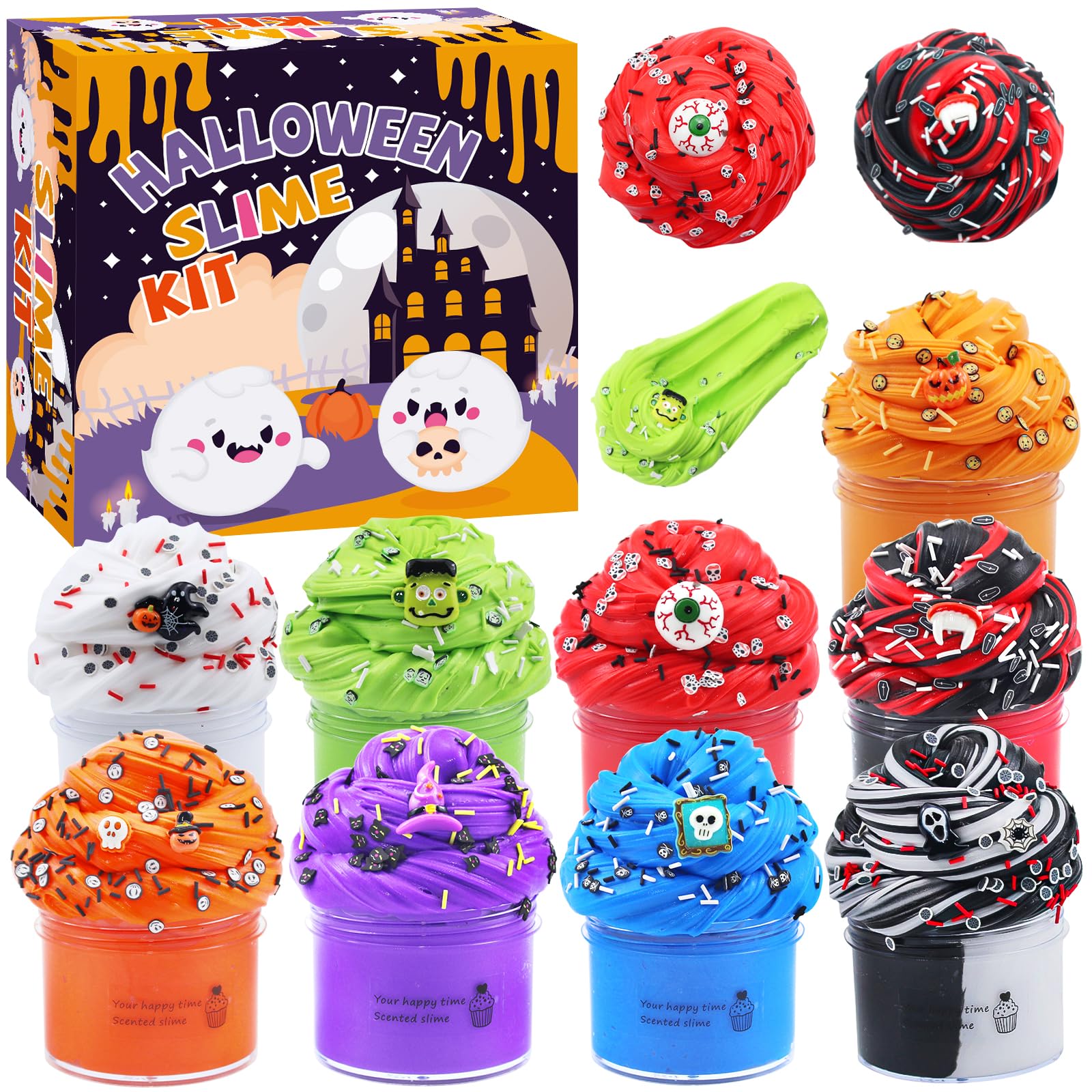 9 Packs Halloween Cloud Slime Butter Slime Kit for Girls Boys Ages 8-12, Non Sticky Fluffy Slimes for Kids, Party Favors with Spooky Add Ins, Stress Relief Slimes Toys